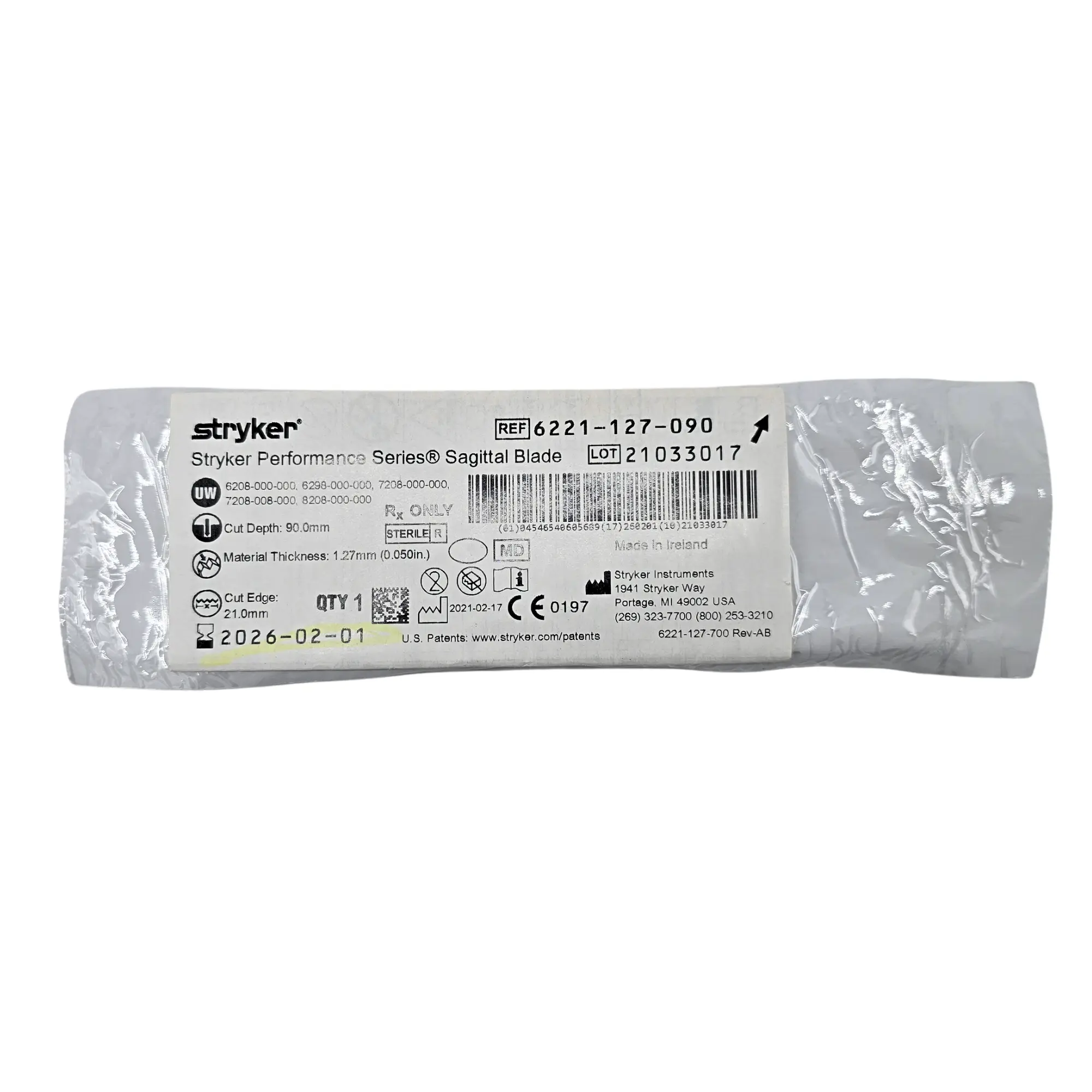 Stryker 6221-127-090 Performance Series Sagittal Saw Blade - 21mm x 90mm x 1.27mm Aggressive Cut - Expired