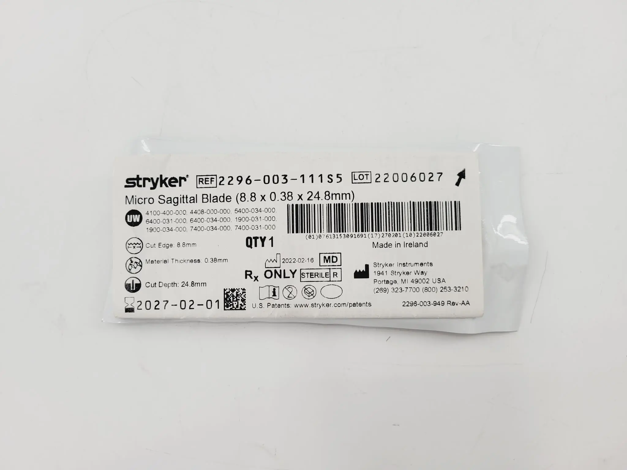 Stryker 2296-003-111S5 Micro Sagittal Blade (8.8mm x 0.38mm x 24.8mm) - Image 2