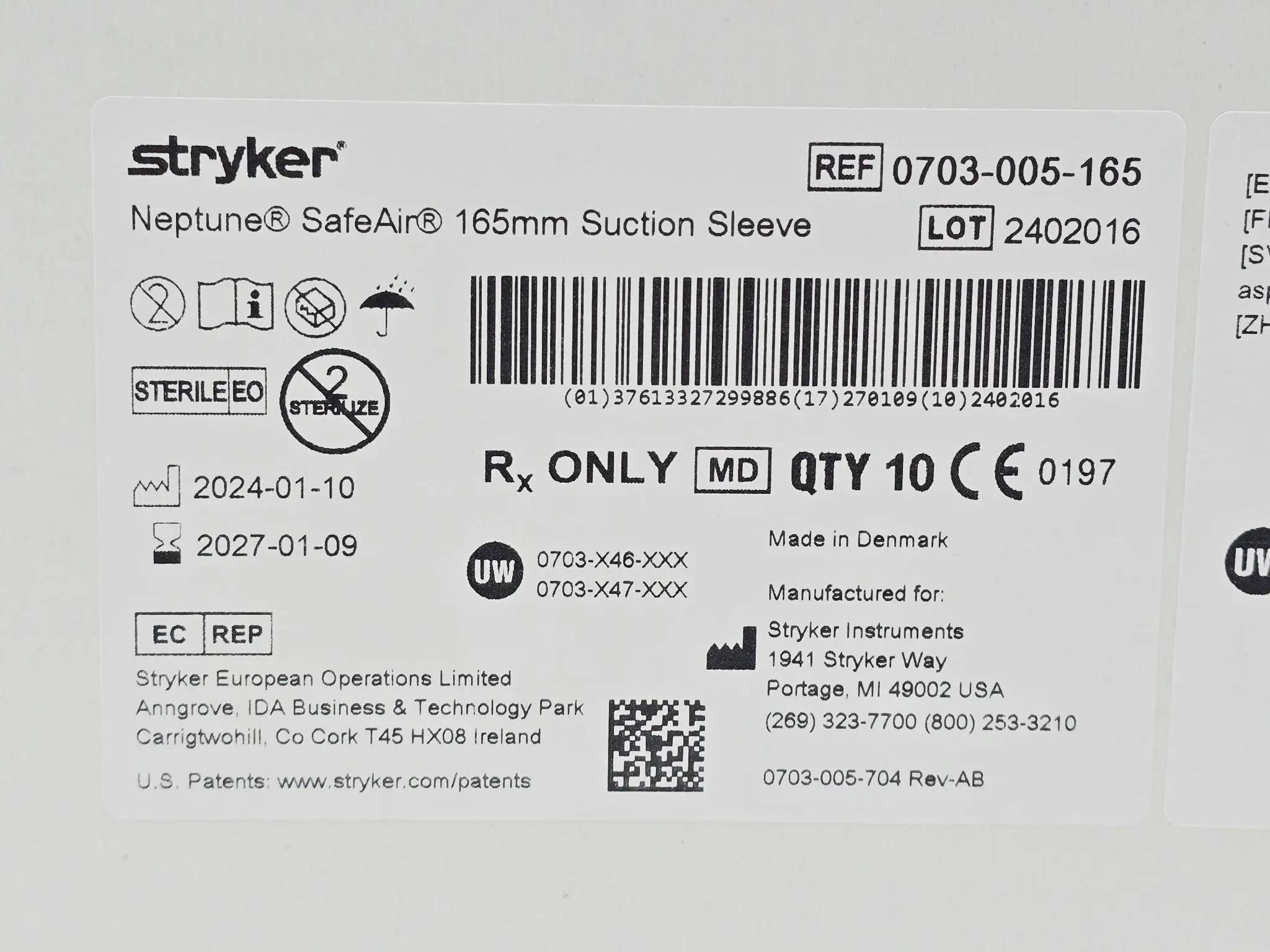 Stryker Neptune SafeAir 0703005165 Suction Sleeve 165mm NEW - Image 2