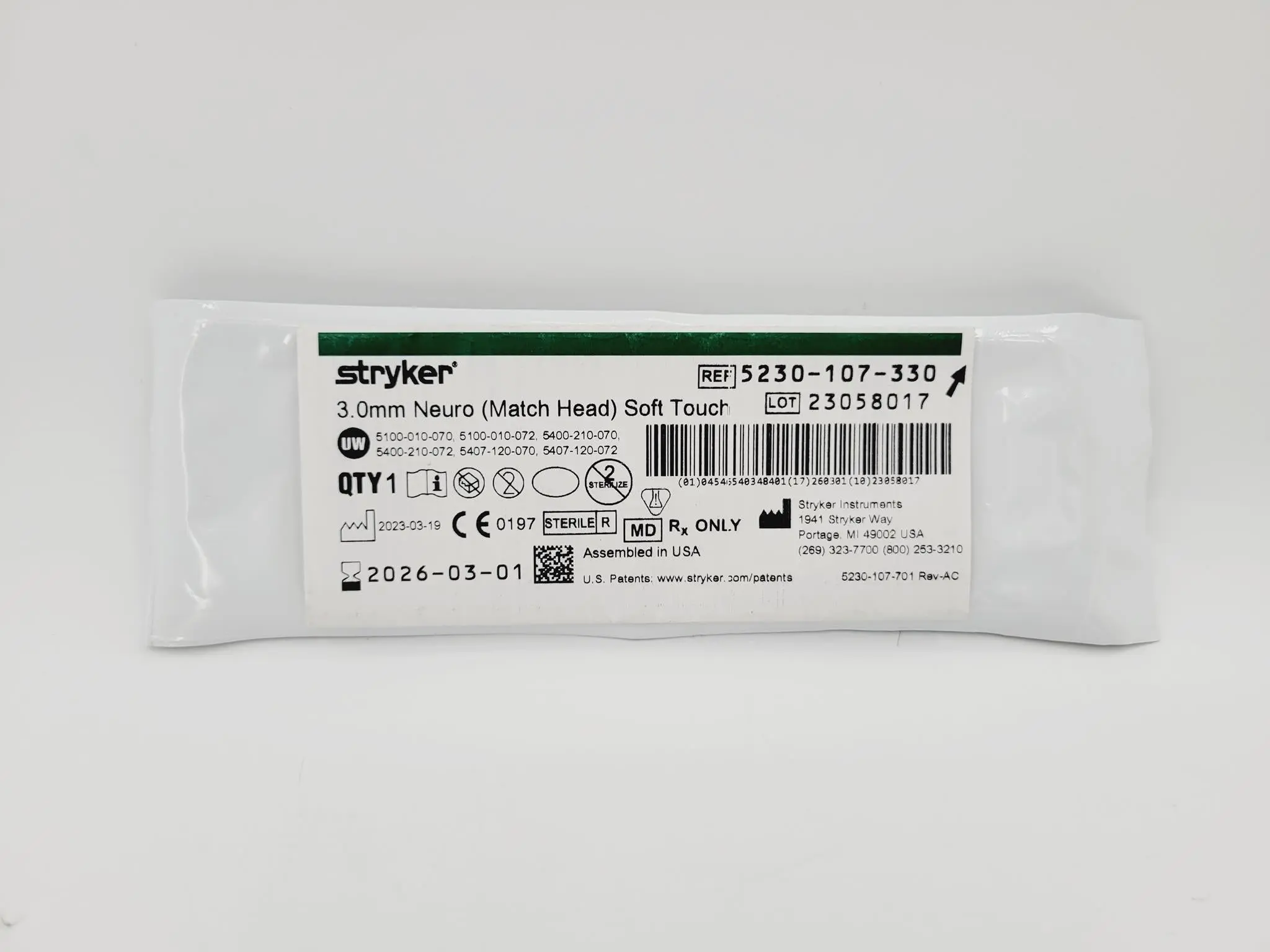 Stryker Neuro Drill 5230-107-330 3.0mm Neuro Drill Long 3.0mm x 3.8mm (Match Head) Soft Touch - Image 2