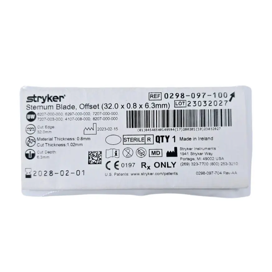 Stryker sternum blade 0298097100 Sternum Blade, Offset (32.0 X 0.8 X 6.3mm)