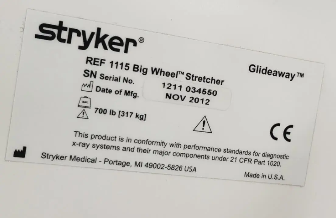 Stryker stretcher 1115 Glideaway Big Wheel Stretcher 700Lb Capacity w/ Pad Certified - Image 6
