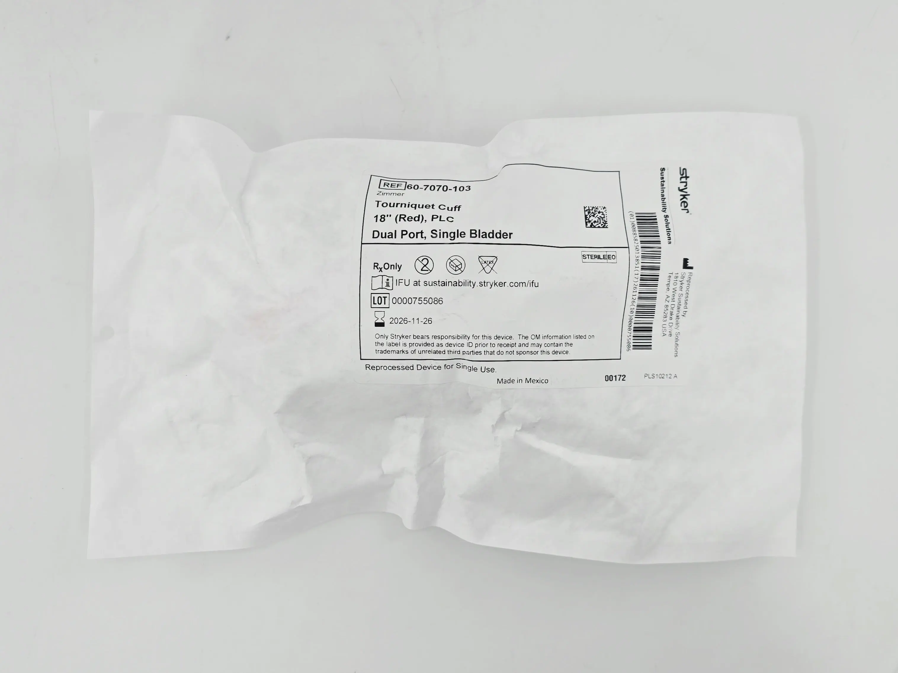 Stryker Sustainability 60-7070-103 Zimmer Reprocessed Tourniquet Cuff PLC Dual Port Single Bladder 18" (Red) 1/EA - Image 2
