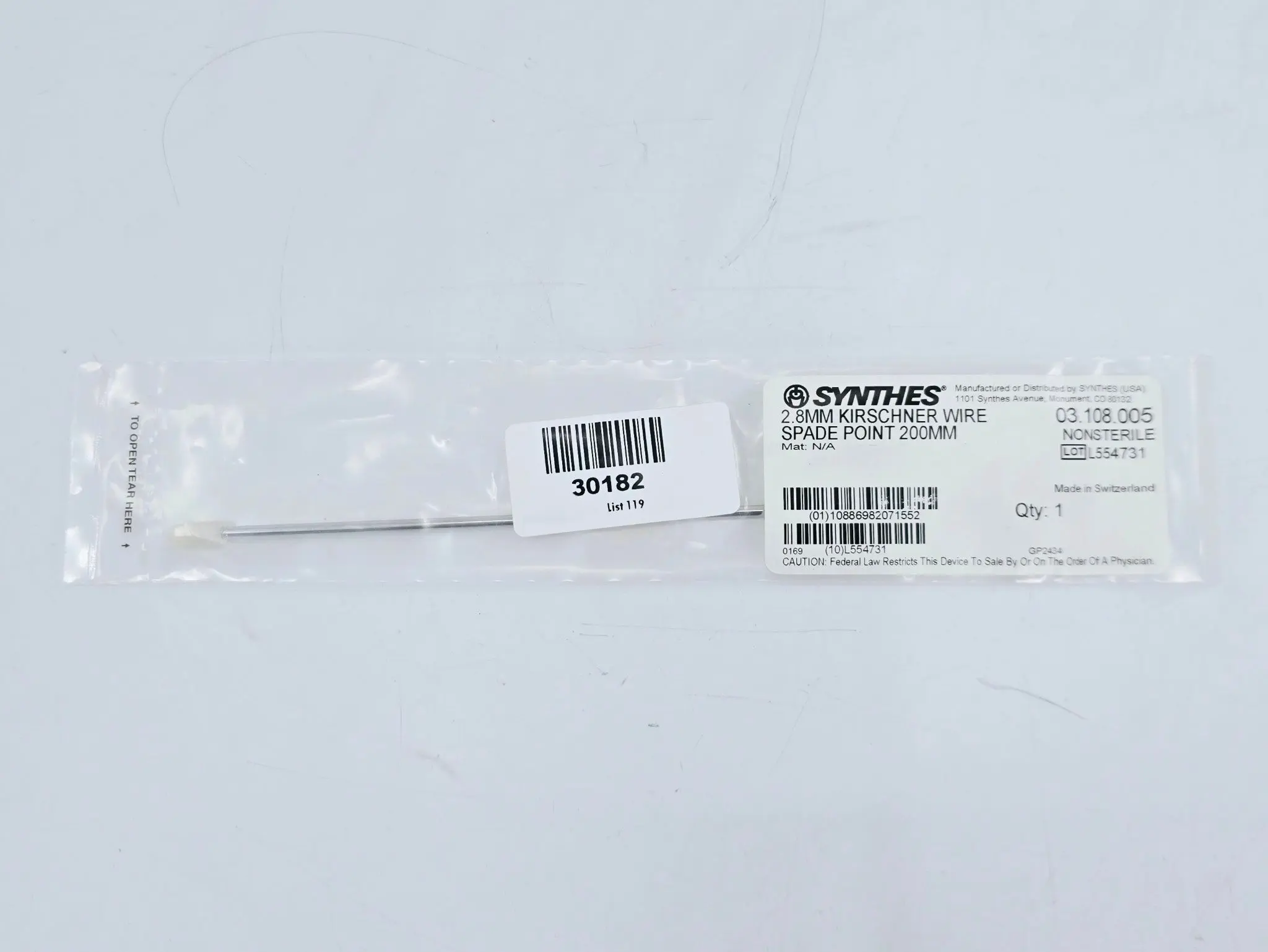 Synthes 03.108.005 2.8mm Kirschner Wire Spade Point 200mm - Image 2
