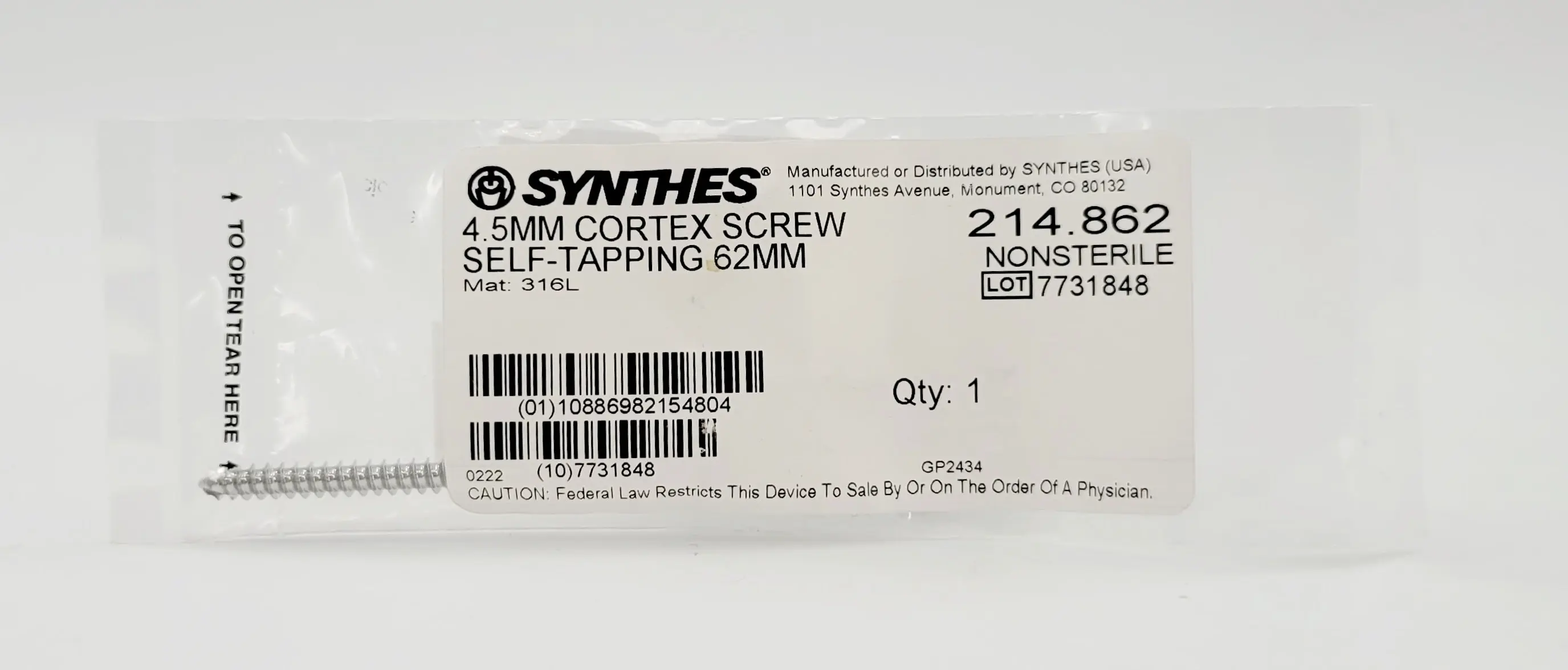 Synthes 214.862 4.5mm Cortex Screw Self-tapping 62mm - Image 2