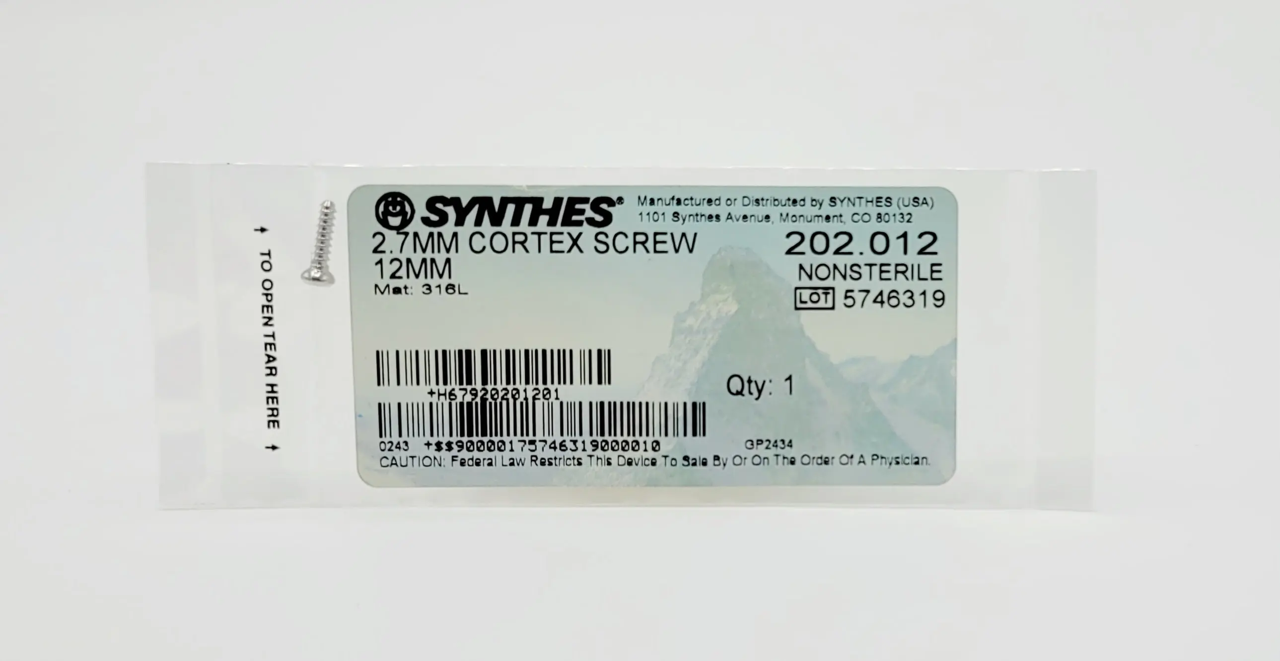 Synthes 202.012 2.7mm cortex screw 12mm orthopedic hardware - Image 2