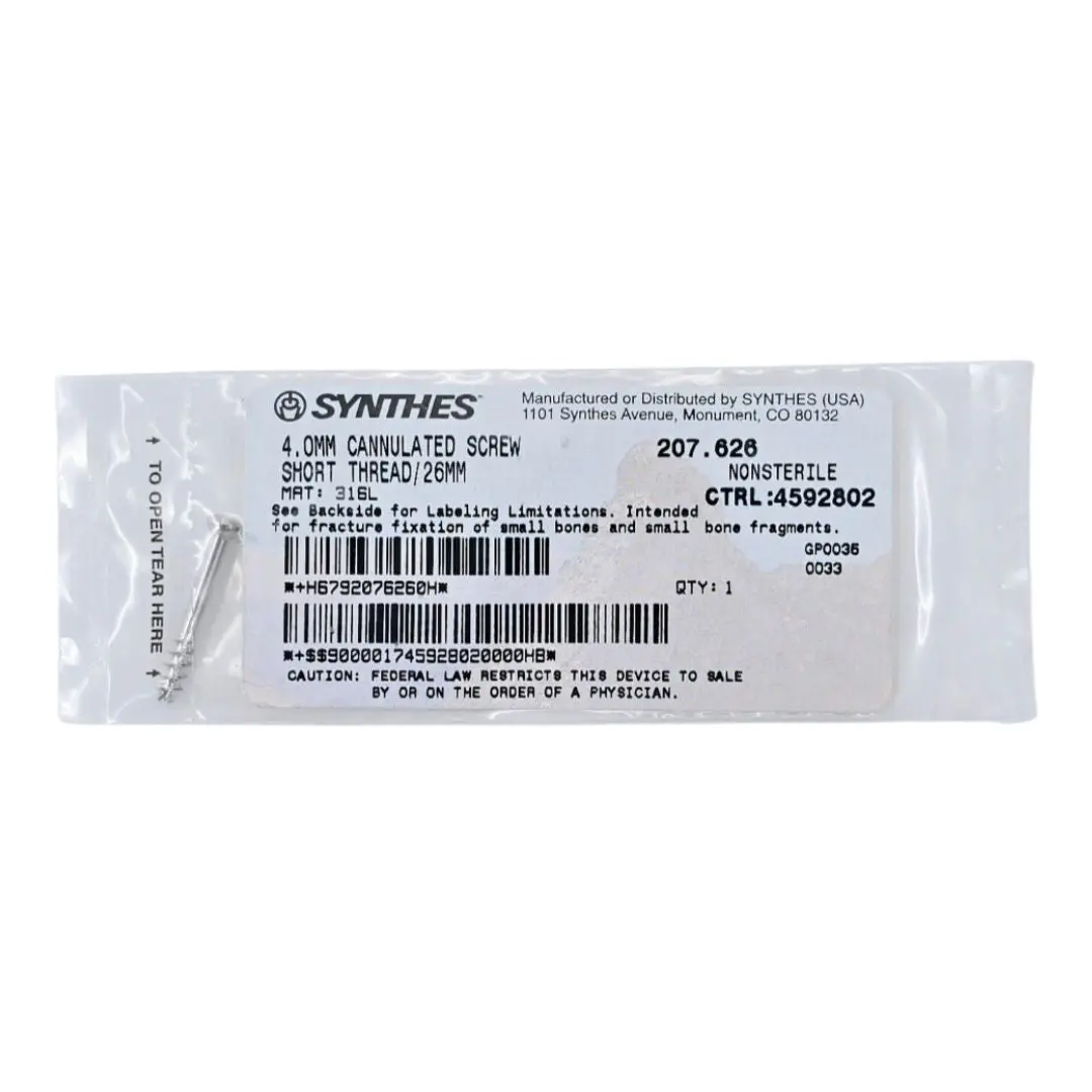 Synthes 207.626 4.0mm Cannulated Screw Short Thread/26mm
