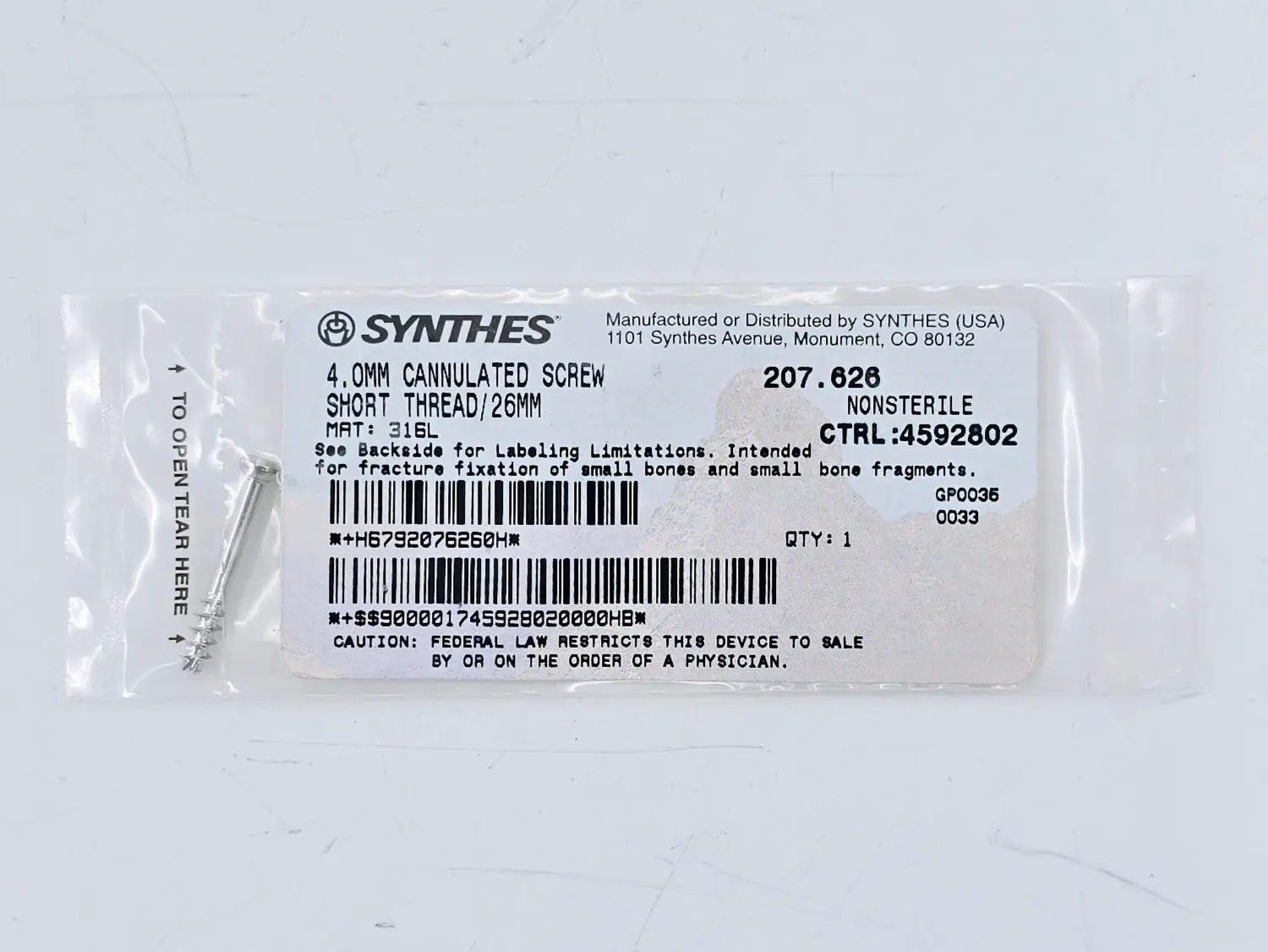 Synthes 207.626 4.0mm Cannulated Screw Short Thread/26mm - Image 2
