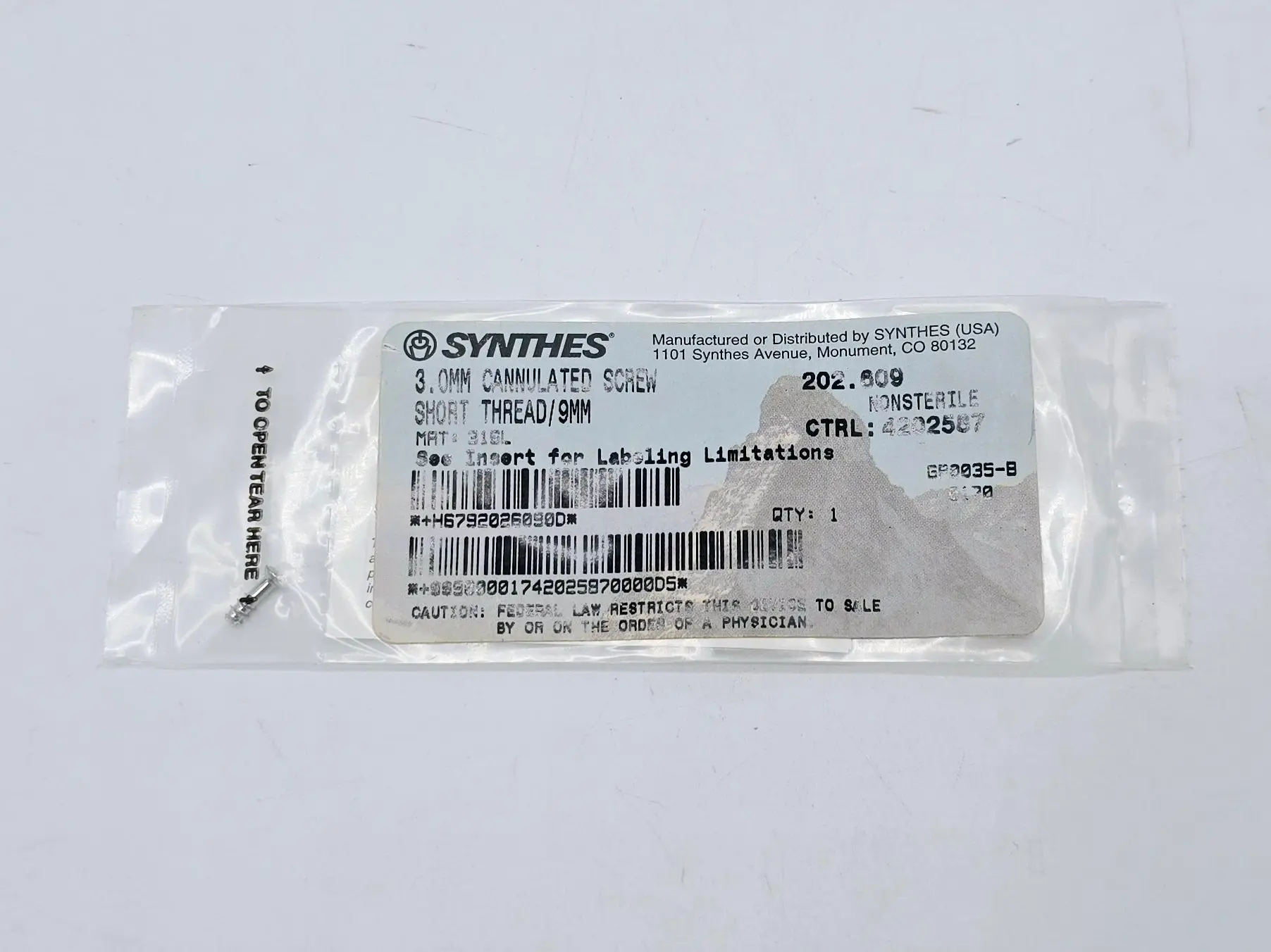 Synthes 202.609 3.0mm Cannulated Screw Short Thread/9mm - Image 2