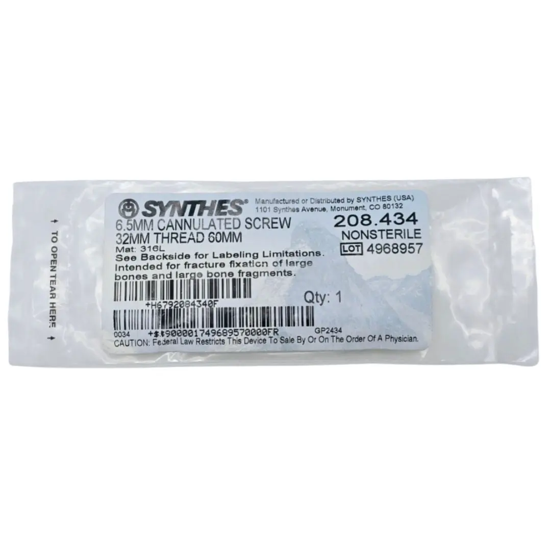 Synthes 208.434 6.5mm Cannulated Screw 32mm Thread 60mm