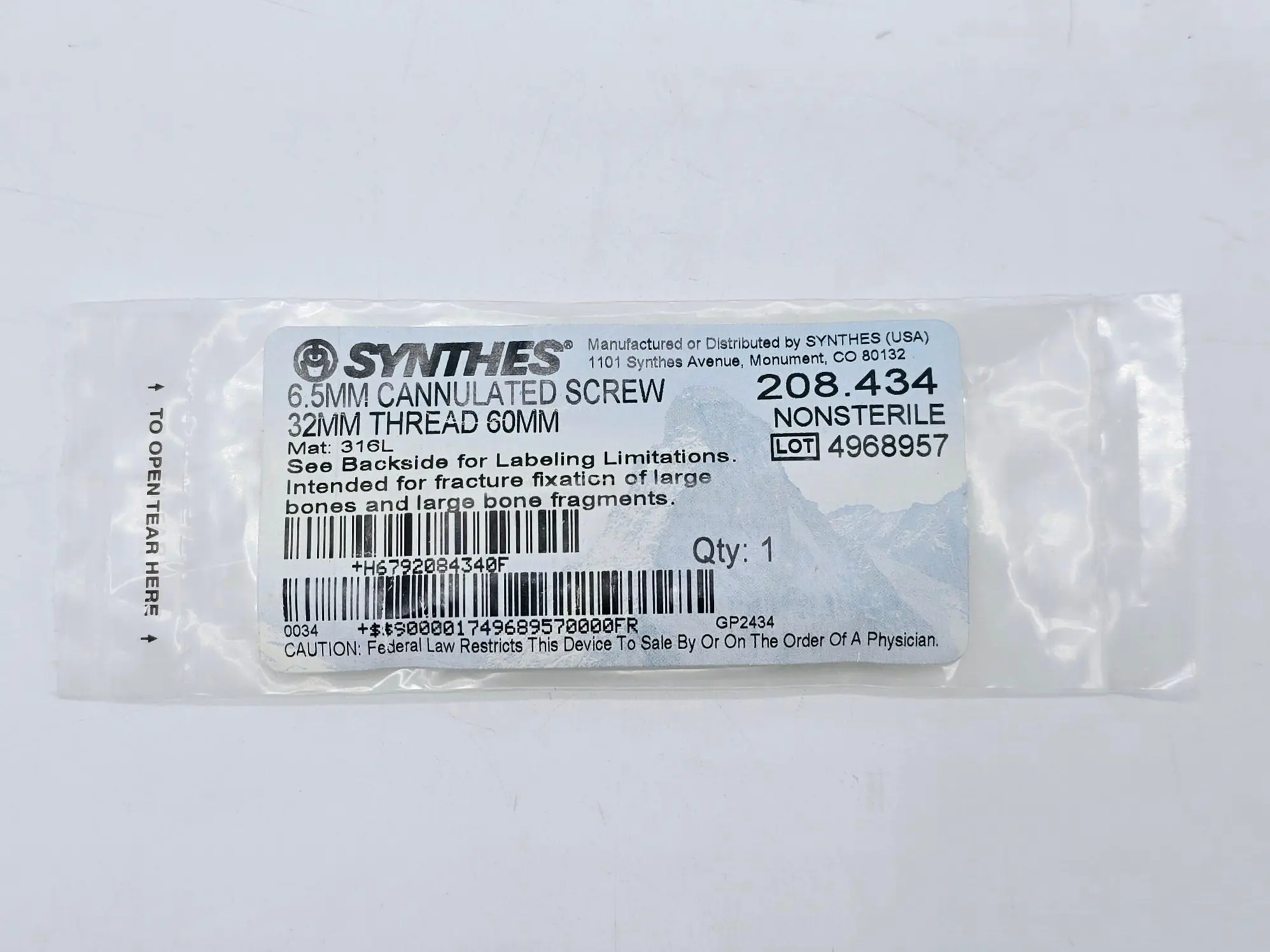 Synthes 208.434 6.5mm Cannulated Screw 32mm Thread 60mm - Image 2