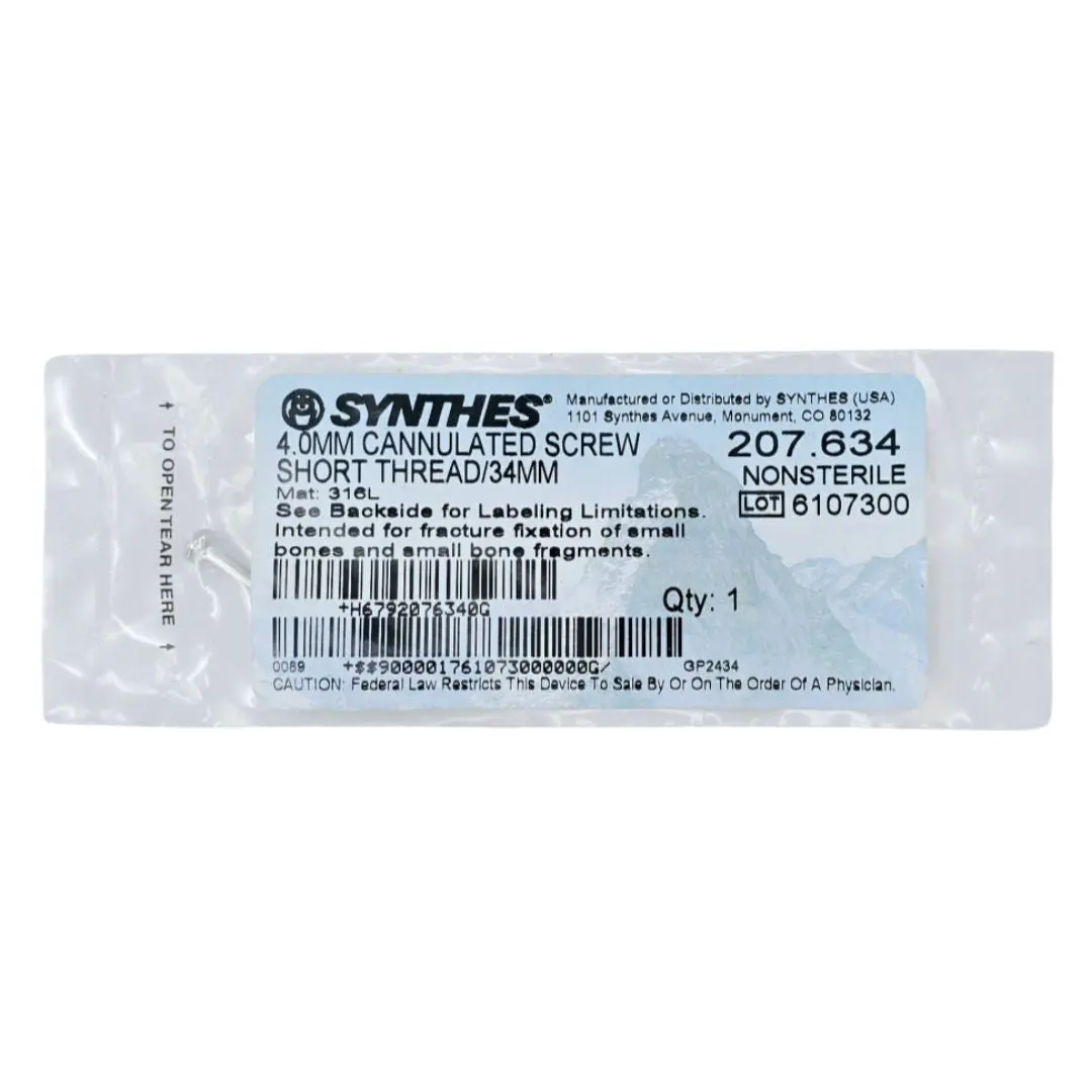 Synthes 207.634 4.0mm Cannulated Screw Short Thread/34mm