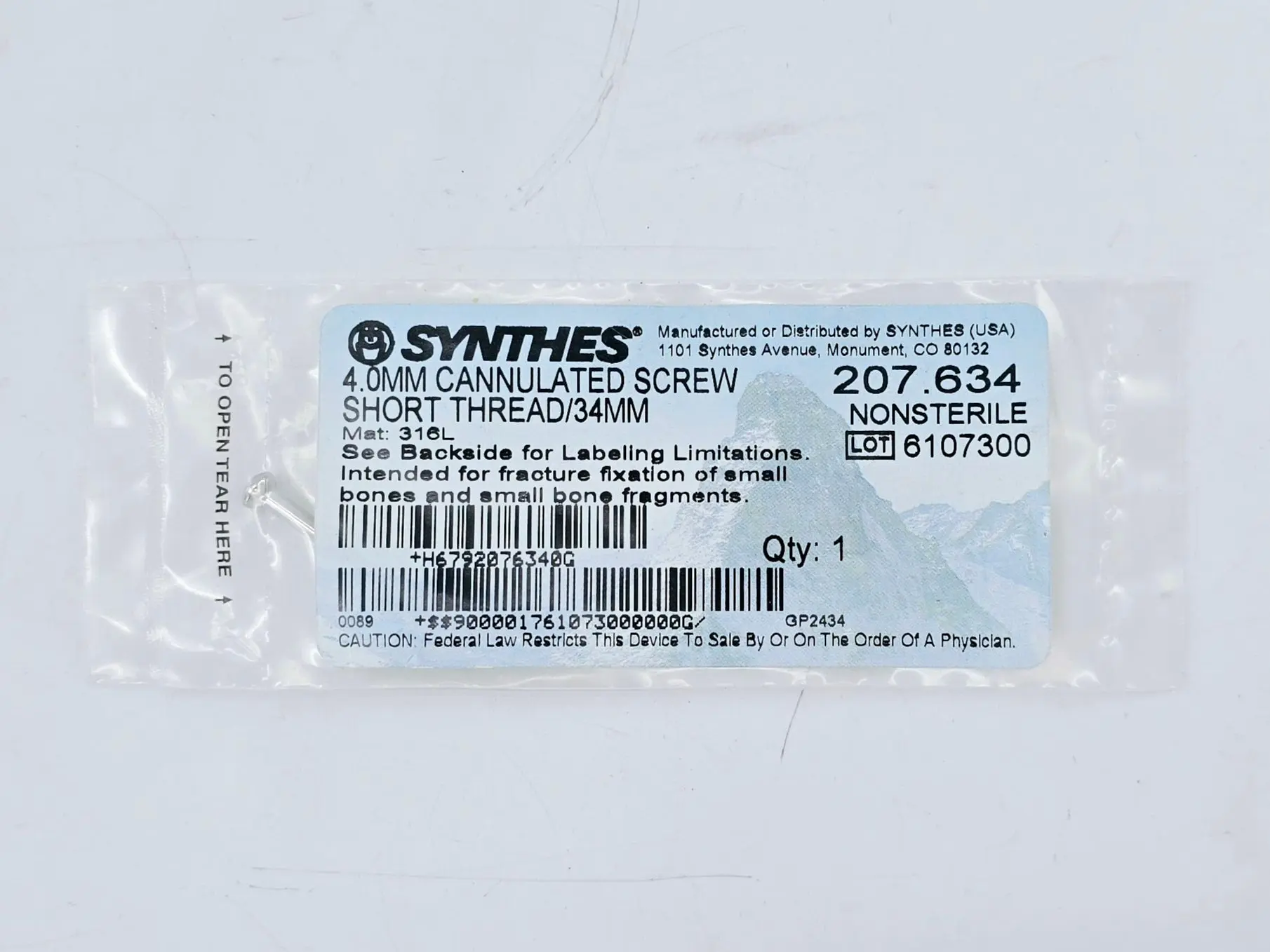 Synthes 207.634 4.0mm Cannulated Screw Short Thread/34mm - Image 2