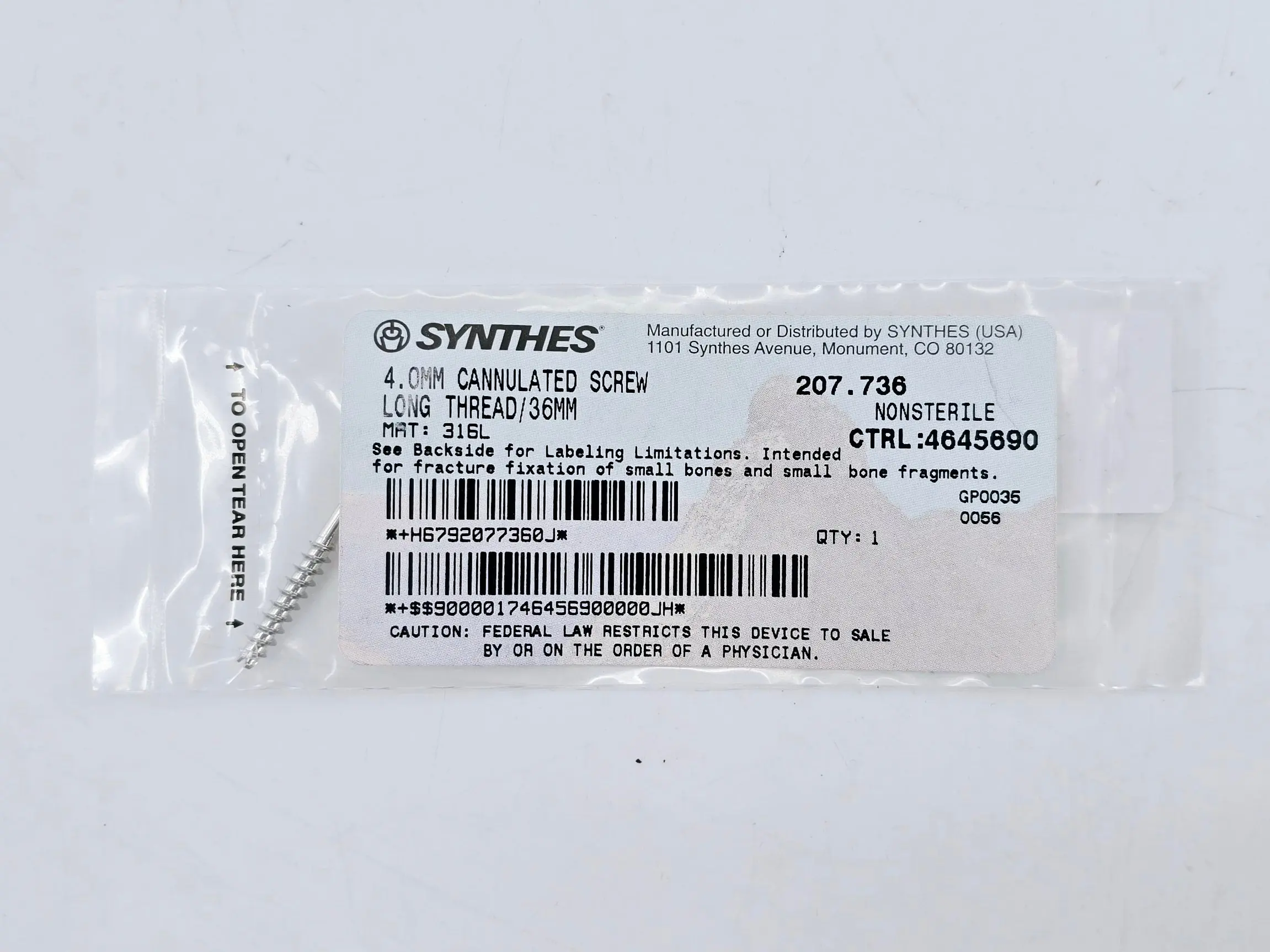 Synthes 207.736 4.0mm Cannulated Screw Long Thread 36mm - Image 2
