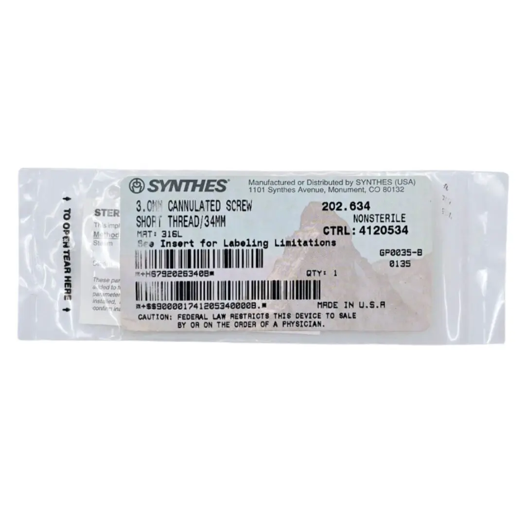 Synthes 202.634 3.0mm Cannulated Screw Short Thread/34mm