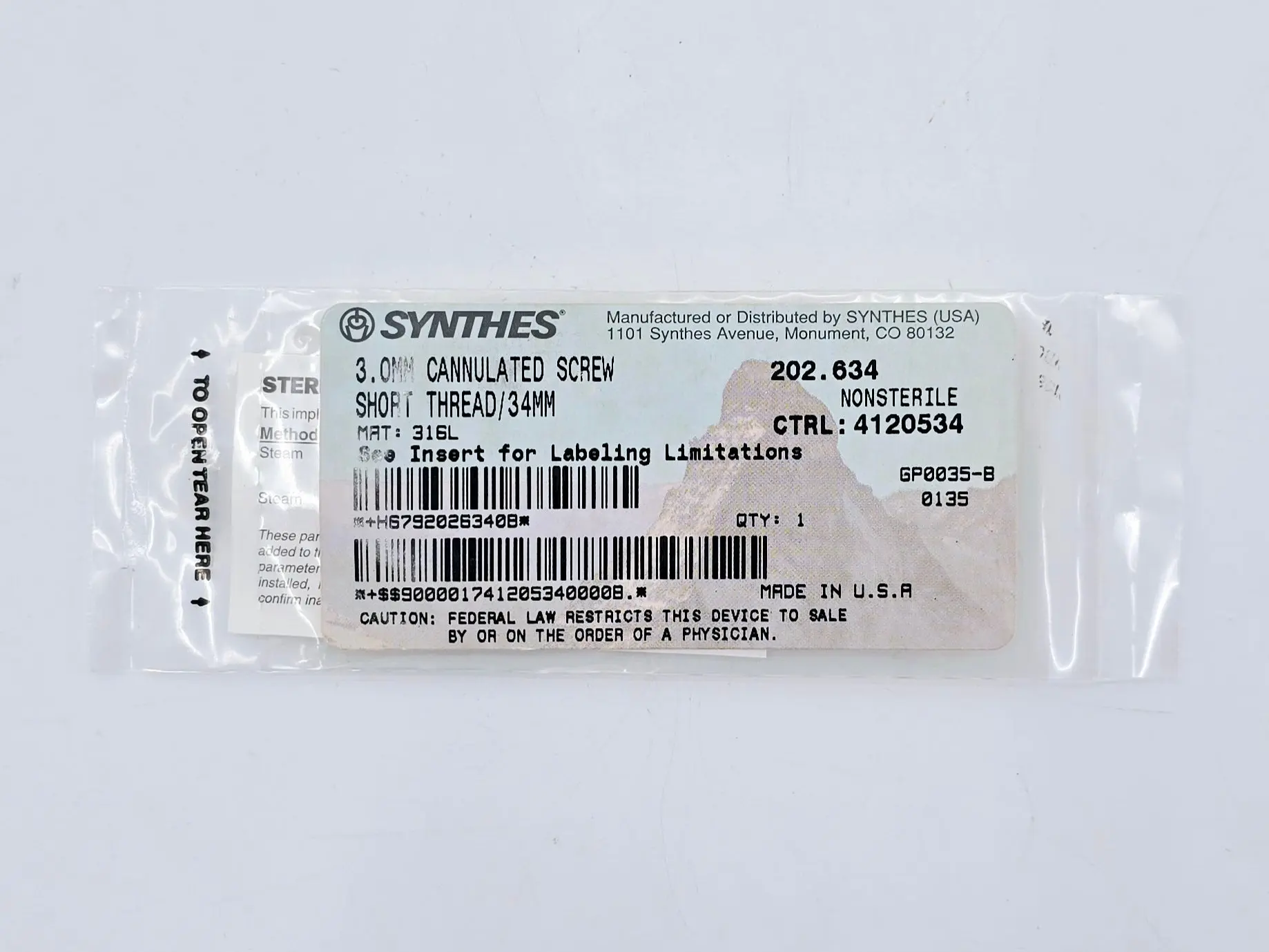 Synthes 202.634 3.0mm Cannulated Screw Short Thread/34mm - Image 2