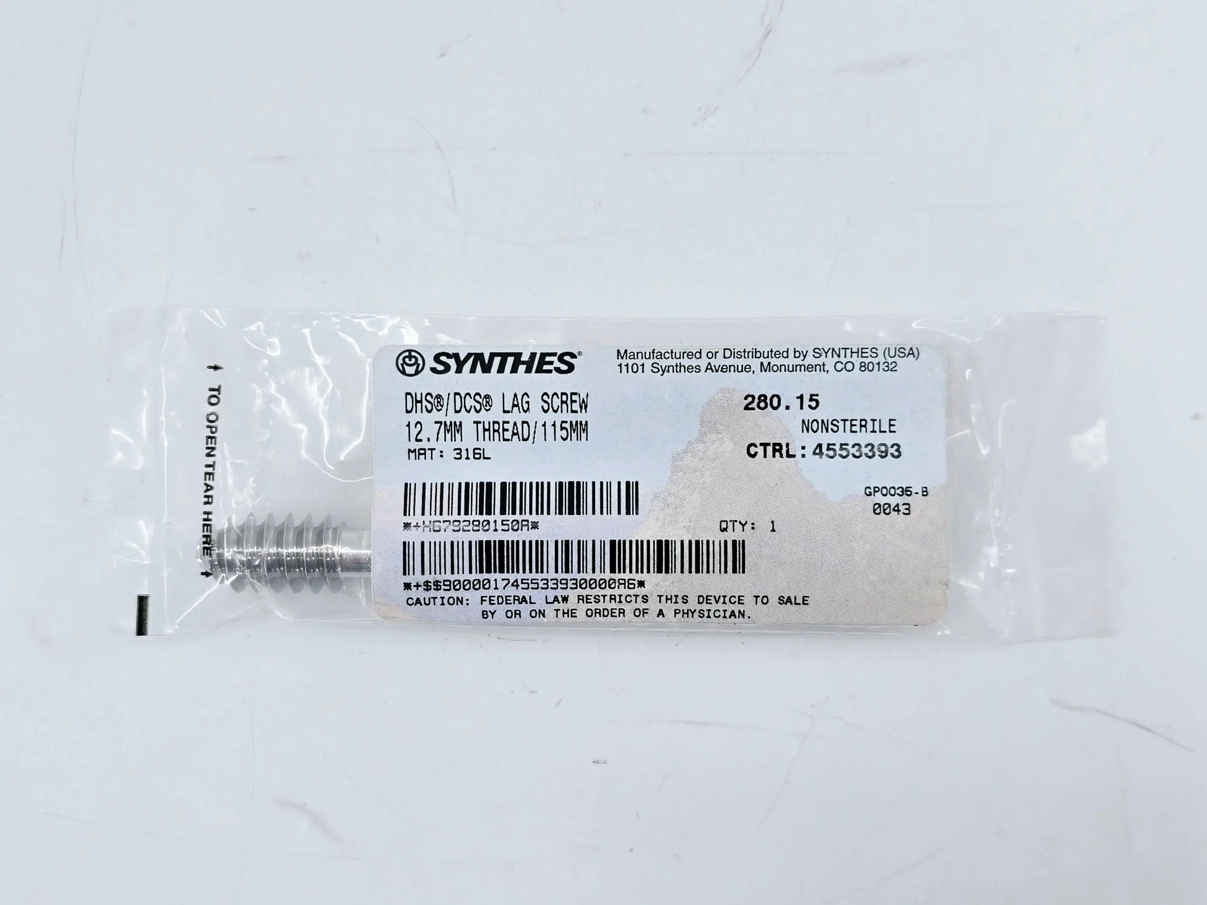 Synthes 280.15 DHS/DCS Lag Screw 12.7mm Thread/115mm - Image 2