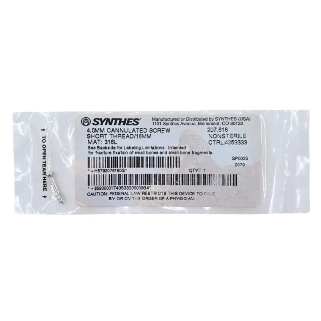Synthes 207.616 4.0mm Cannulated Screw Short Thread/16mm