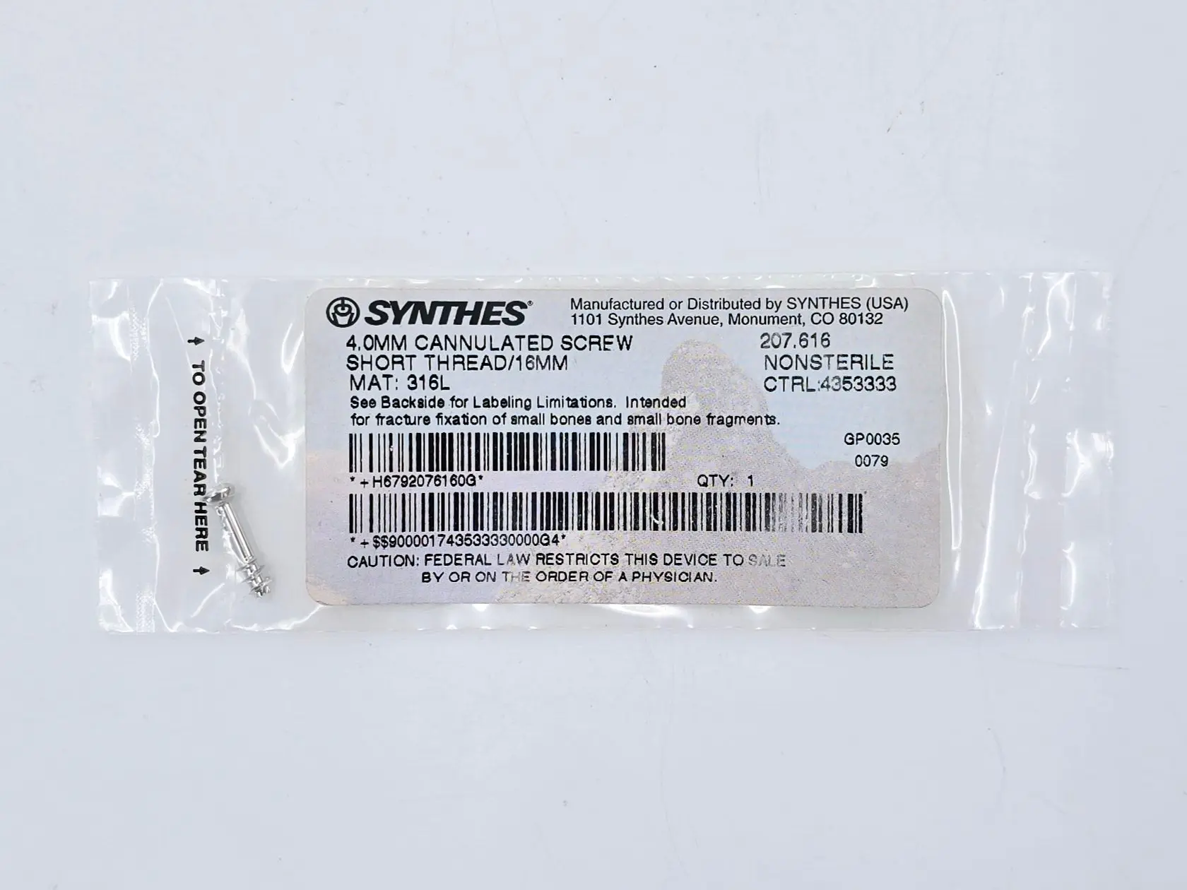 Synthes 207.616 4.0mm Cannulated Screw Short Thread/16mm - Image 2