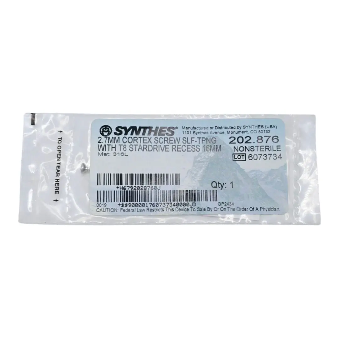 Synthes 202.876 2.7mm Cortex Screw Self-Tapping with T8 Stardrive Recess 16mm