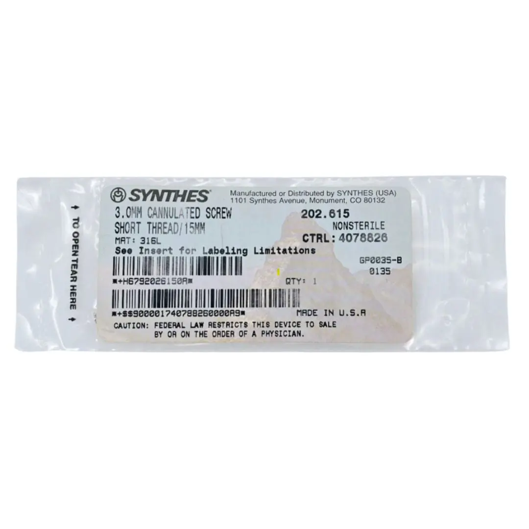 Synthes 202.615 3.0mm Cannulated Screw Short Thread/15mm