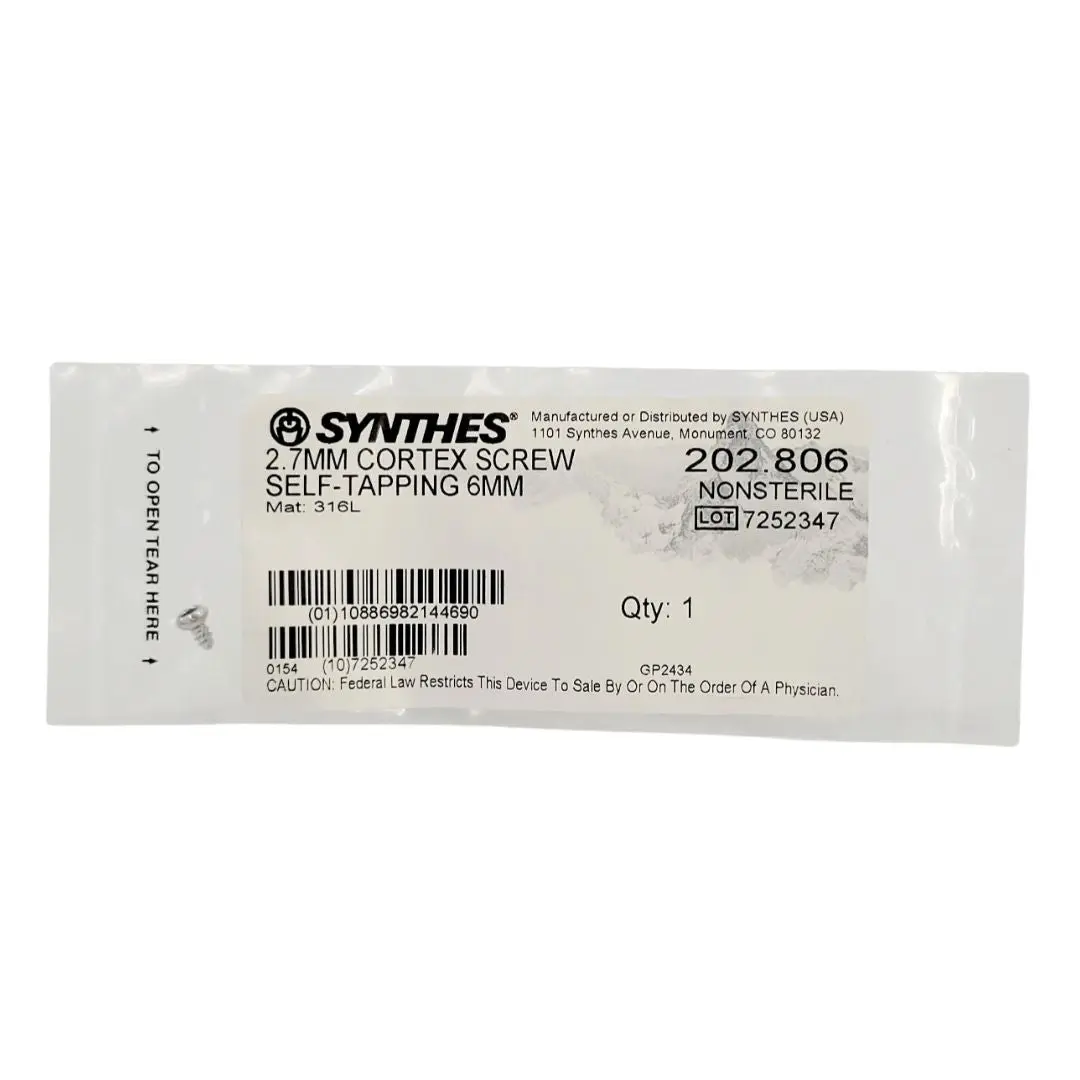 Synthes 202.806 2.7mm Cortex Screw Self Tapping Orthopedic Surgical Instrument 6mm