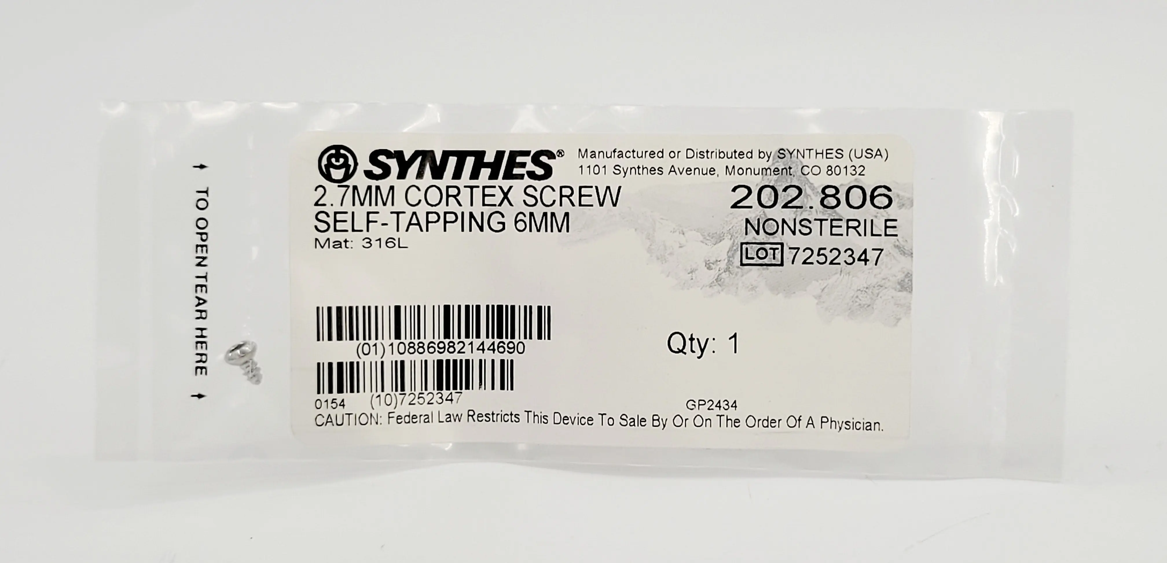 Synthes 202.806 2.7mm Cortex Screw Self Tapping Orthopedic Surgical Instrument 6mm - Image 2