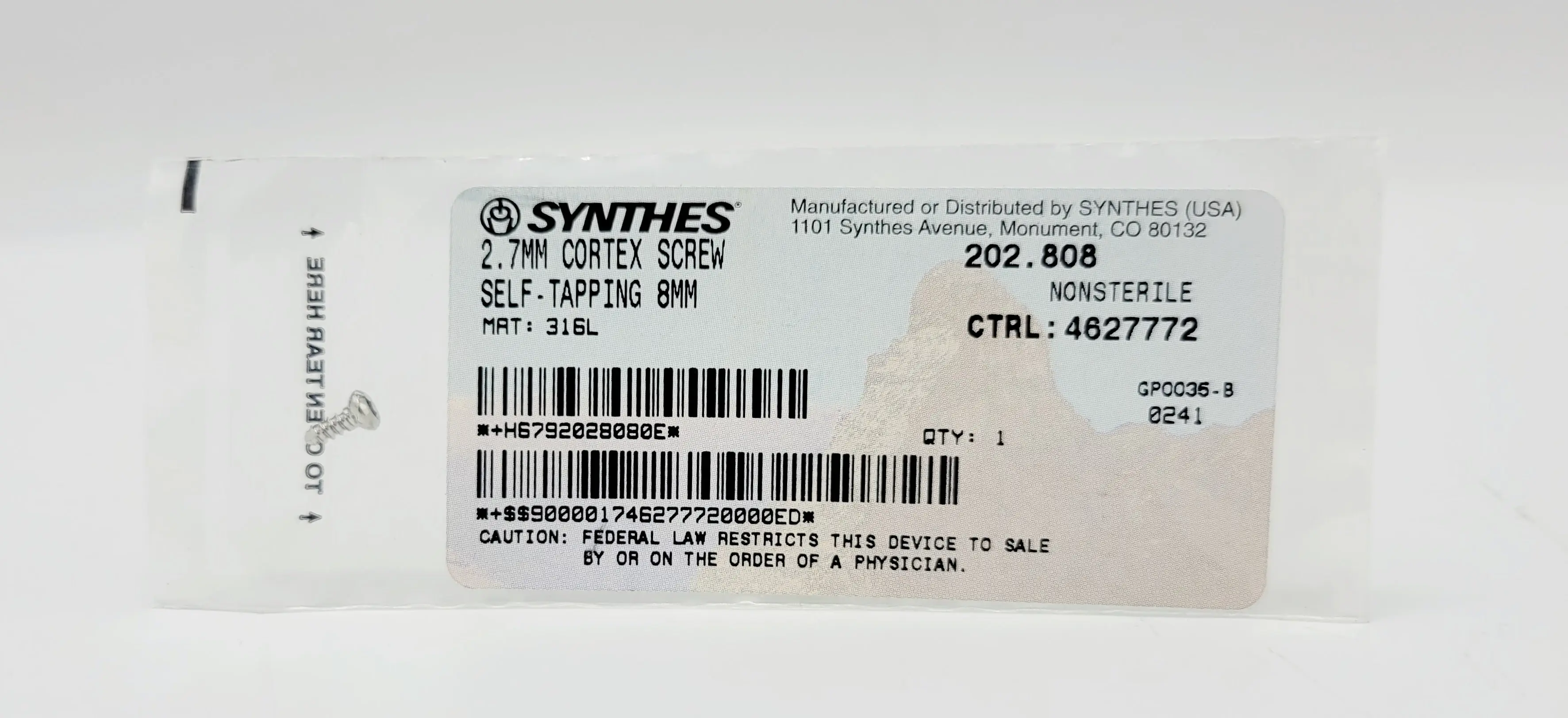 Synthes 202.808 2.7mm Cortex Screw Self Tapping 8mm - Image 2