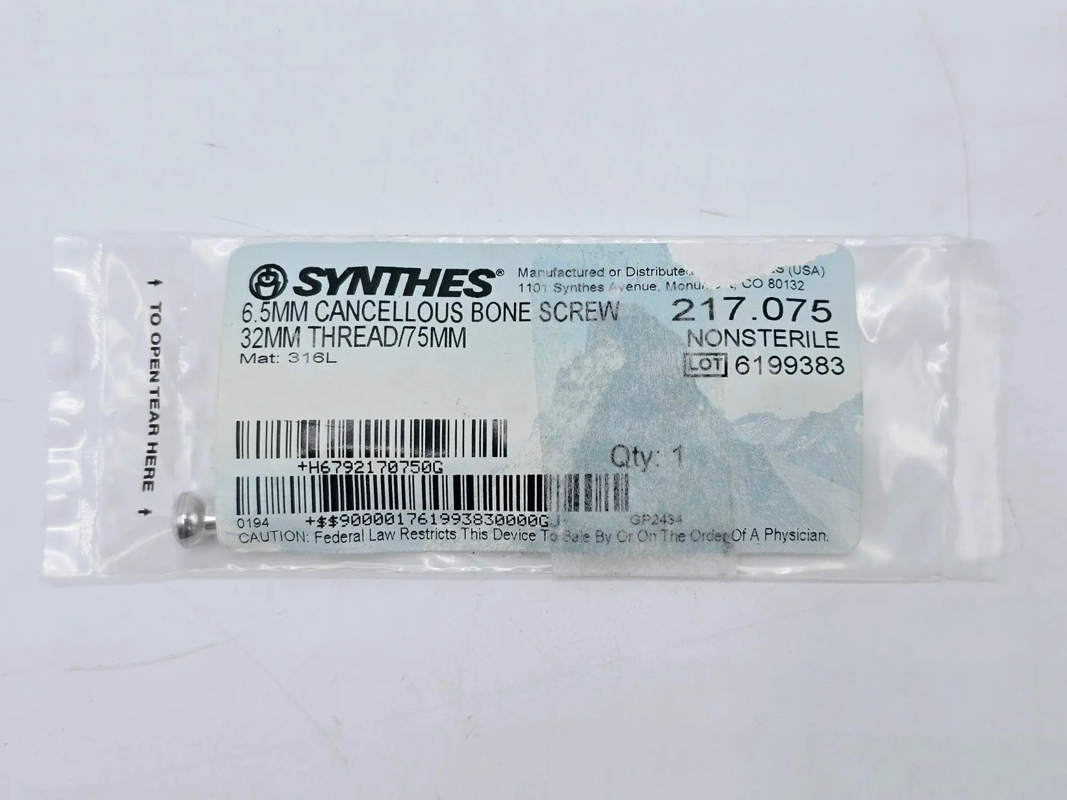 Synthes 217.075 6.5mm Cancellous Bone Screw 32mm Thread/75mm - Image 2