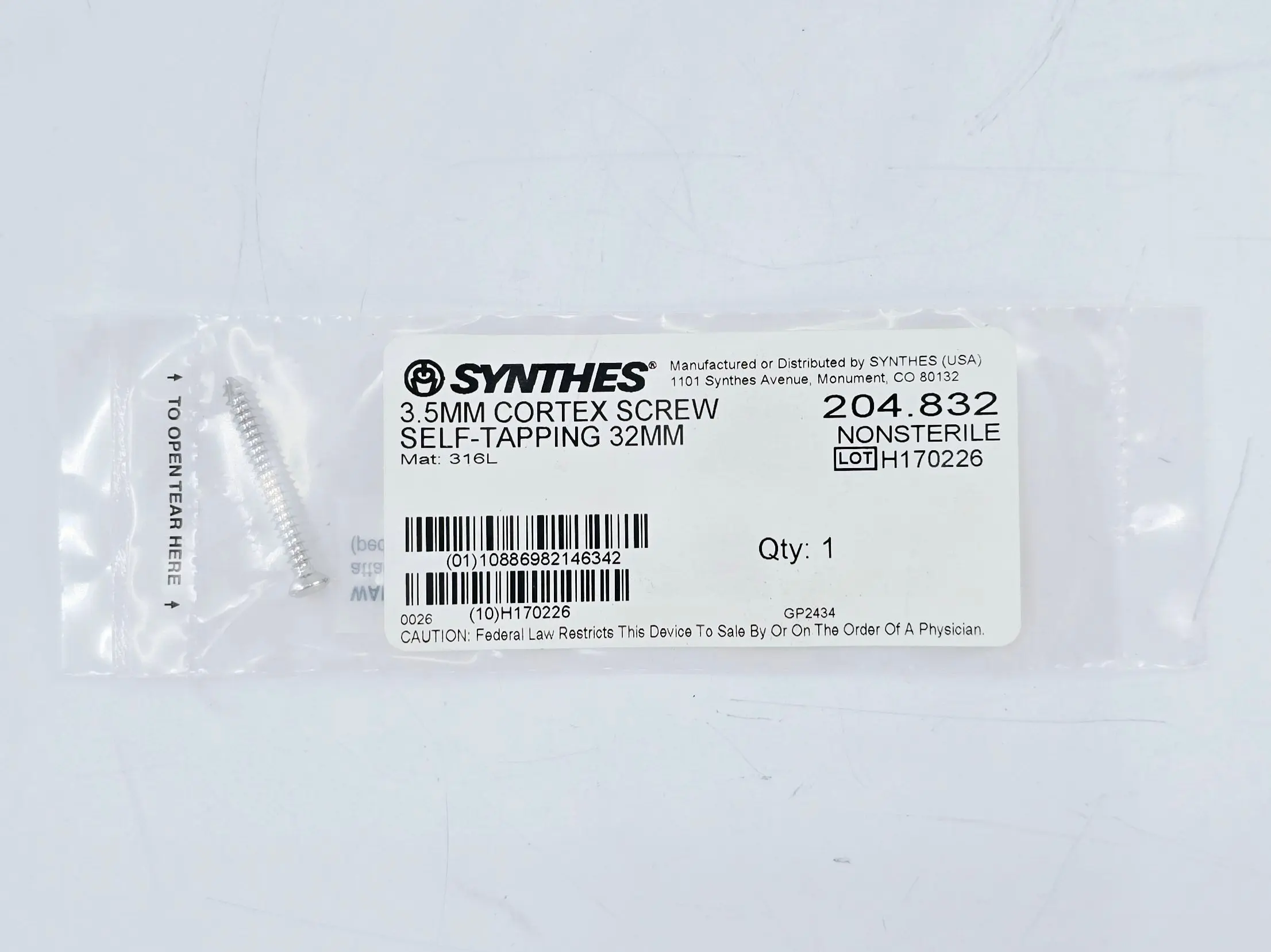 Synthes 204.832 3.5mm Cortex Screw Self-Tapping 32mm - Image 2