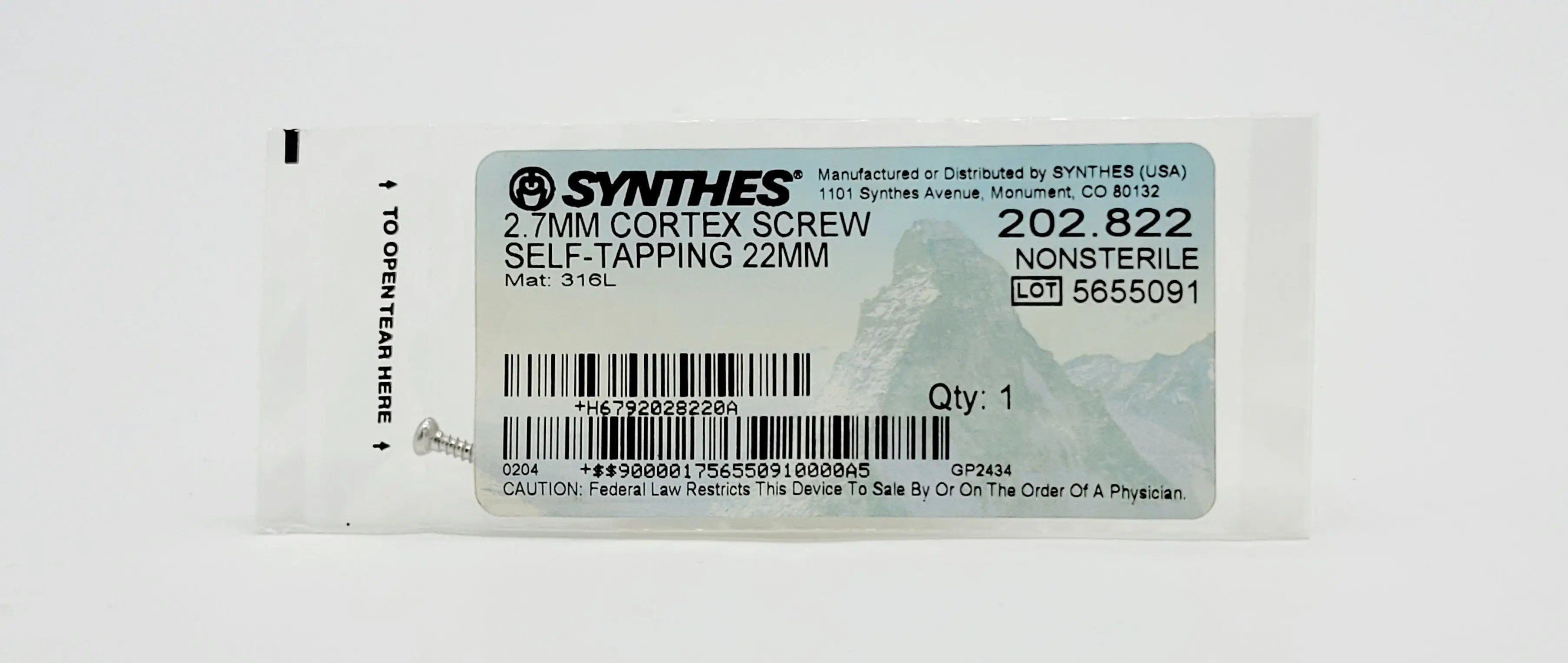 Synthes 202.822 2.7mm Cortex Screw Self Tapping 22mm - Image 2
