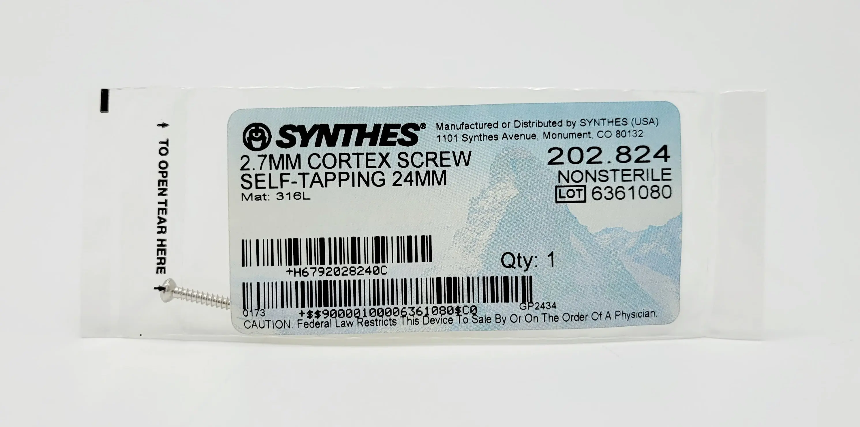 Synthes 202.824 2.7mm Cortex Screw Self-Tapping 24mm Orthopedic Hardware - Image 2