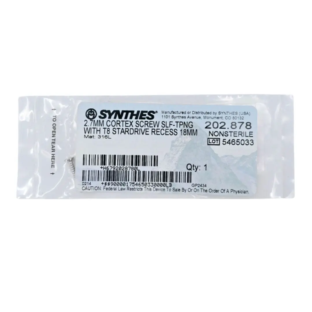 Synthes 202.878 2.7mm Cortex Screw Self-Tapping w/ T8 Stardrive Recess 18mm