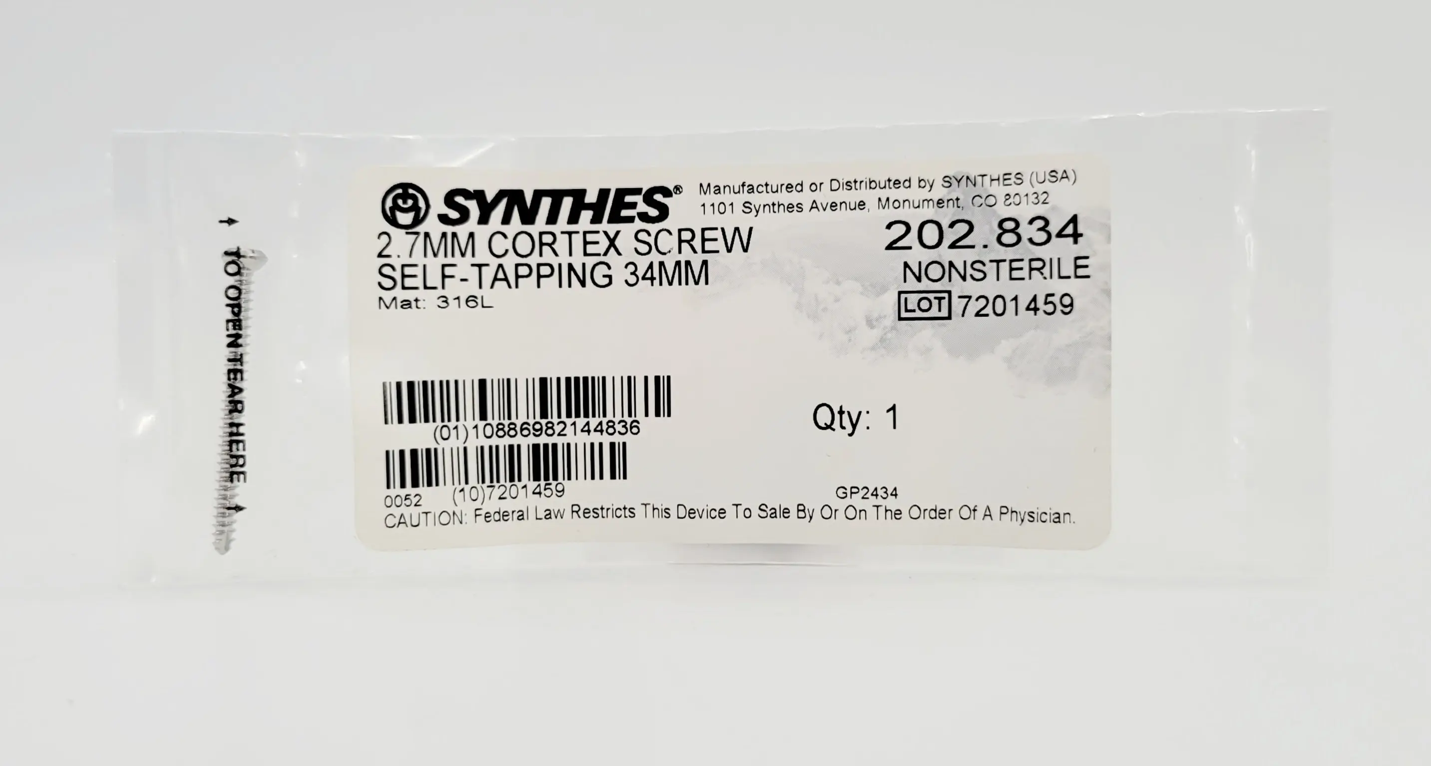 Synthes 202.834 2.7MM Cortex Screw Self Tapping 34mm
