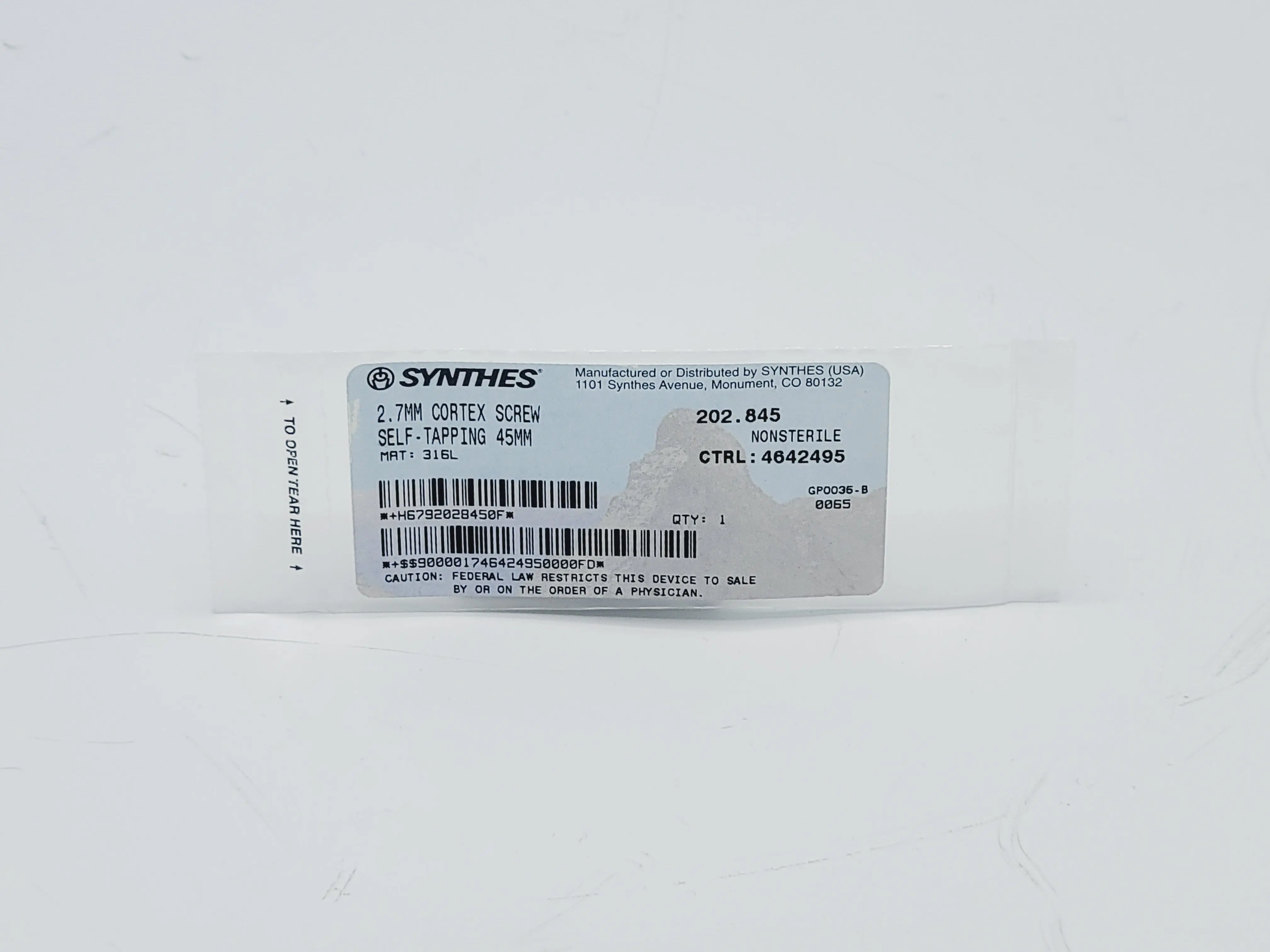 Synthes 202.845 2.7mm Cortex Screw Self-tapping 45mm - Image 2