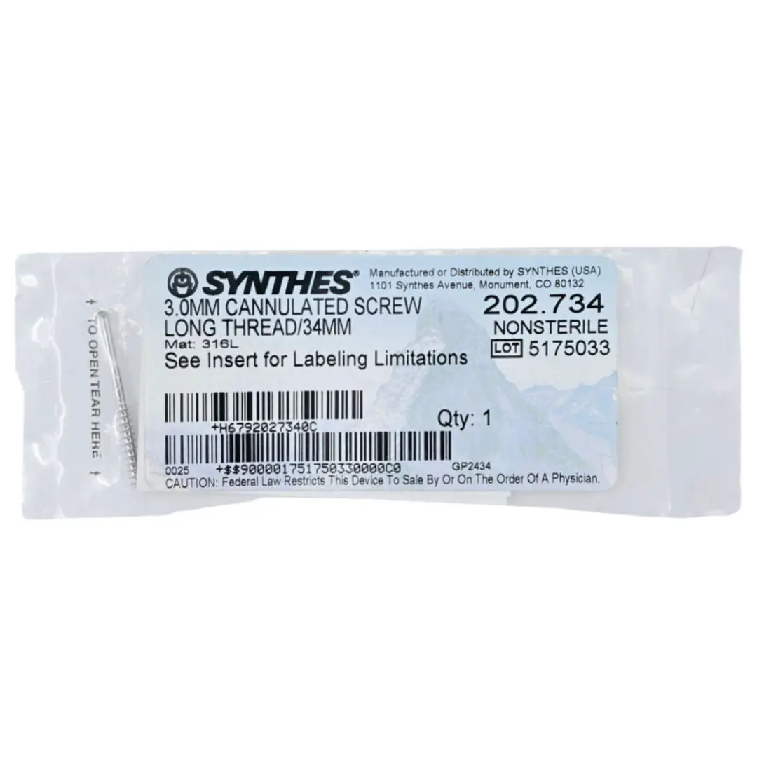 Synthes 202.734 3.0mm Cannulated Screw Long Thread/34mm