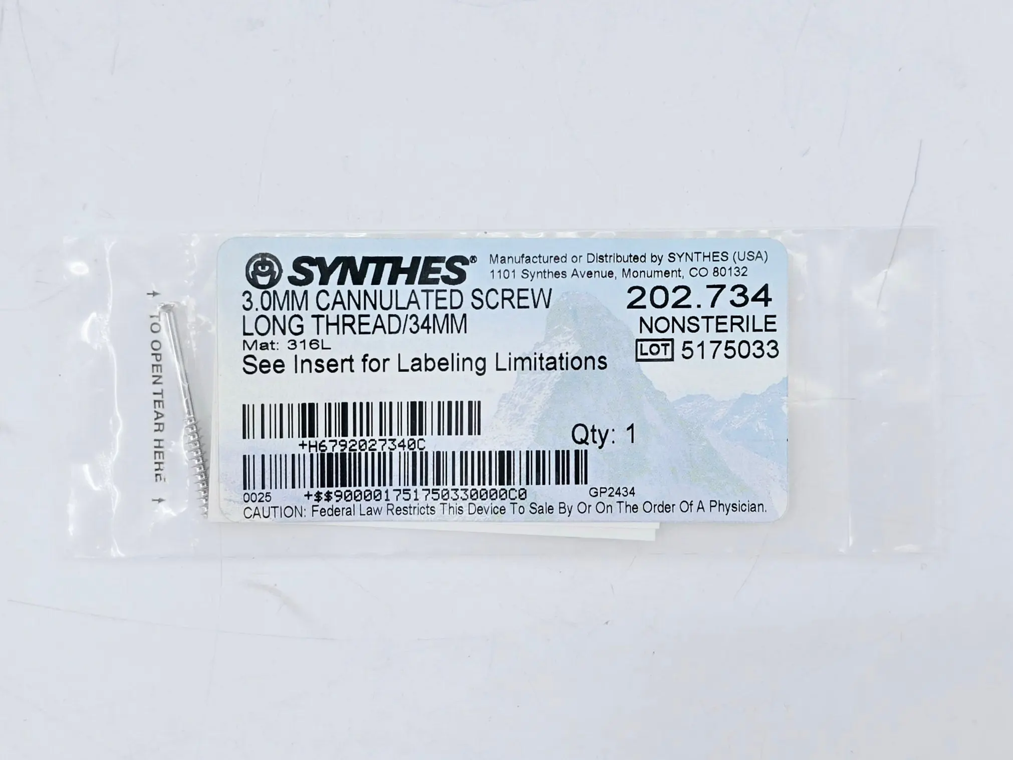 Synthes 202.734 3.0mm Cannulated Screw Long Thread/34mm - Image 2
