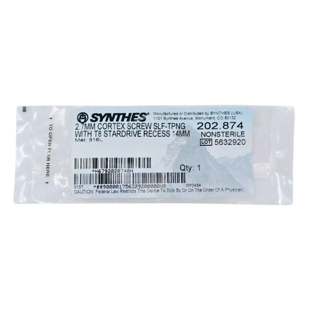 Synthes 202.874 2.7mm Cortex Screw Self-Tapping w/ T8 Stardrive Recess 14mm