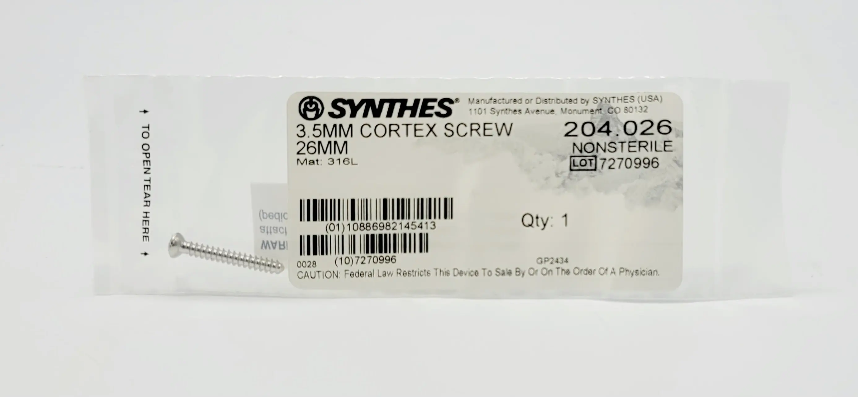 Synthes 204.026 3.5mm cortex screw 26mm orthopedic hardware - Image 2