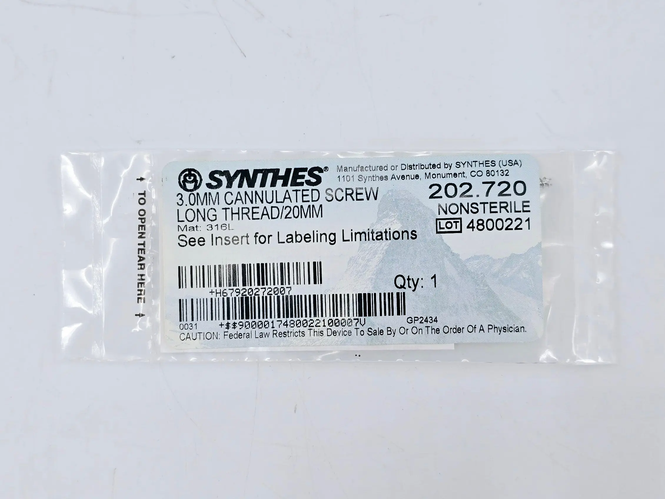 Synthes 202.720 3.0mm Cannulated Screw Long Thread 20mm - Image 2