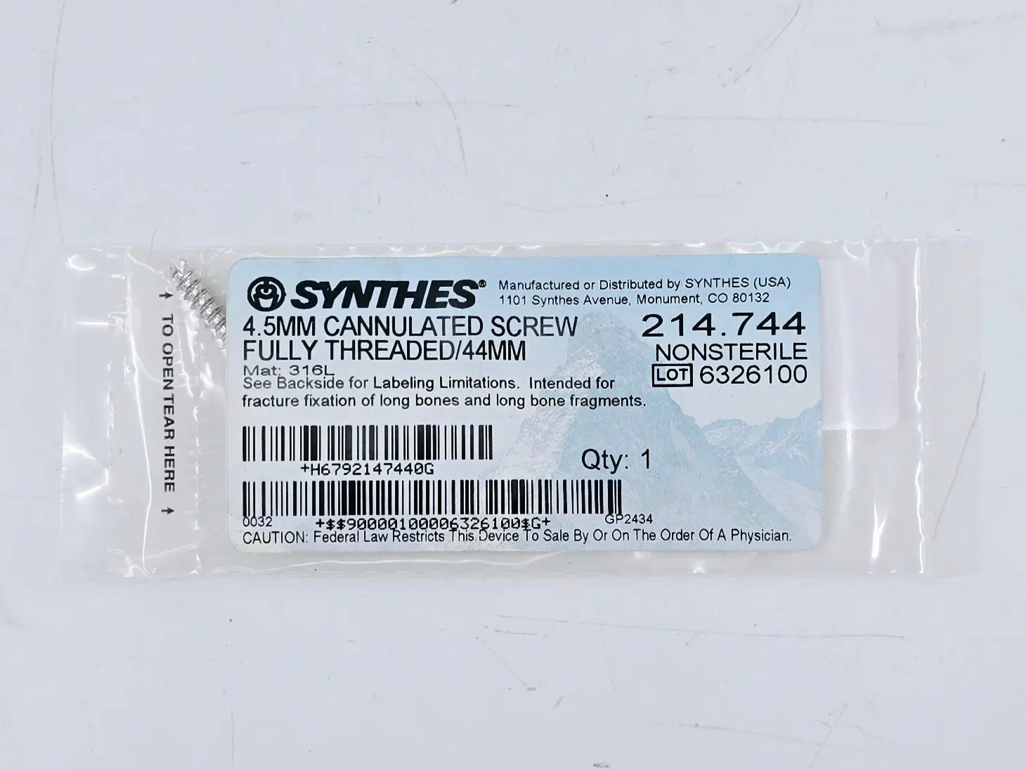 Synthes 214.744 4.5mm Cannulated Screw Fully Threaded/44mm - Image 2