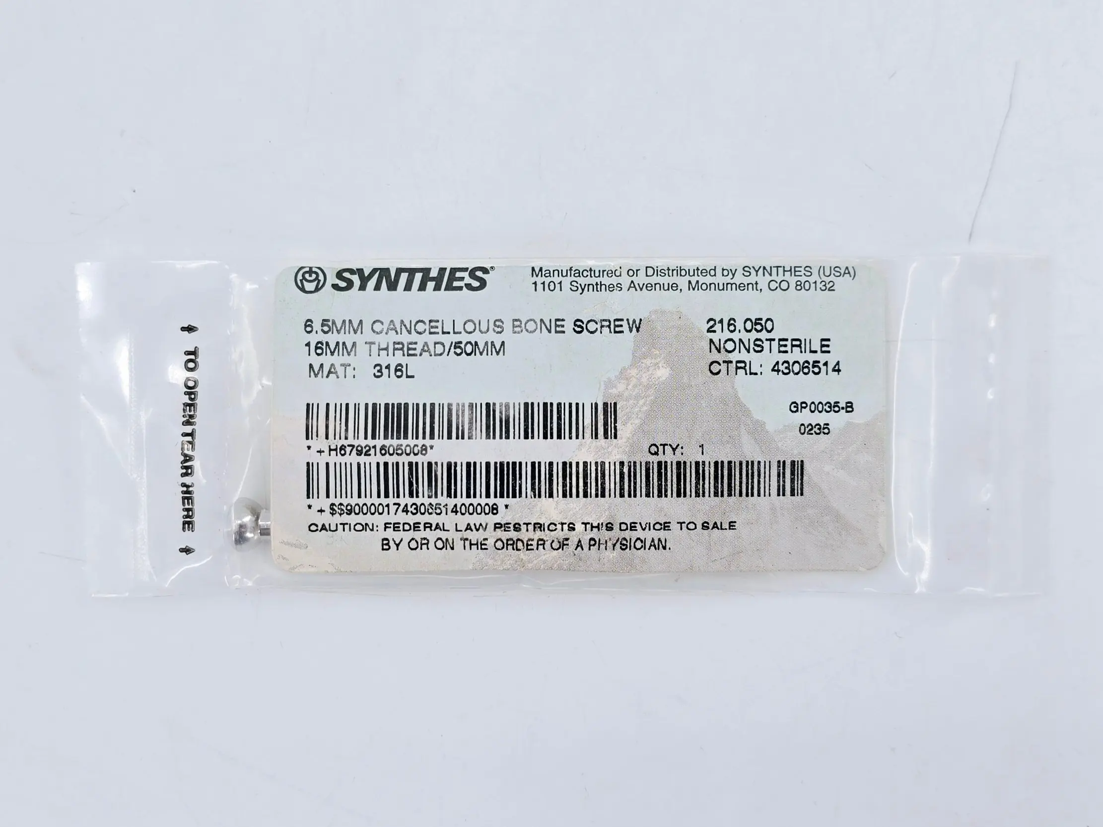 Synthes 216.050 6.5mm Cancellous Bone Screw 16mm Thread/50mm - Image 2
