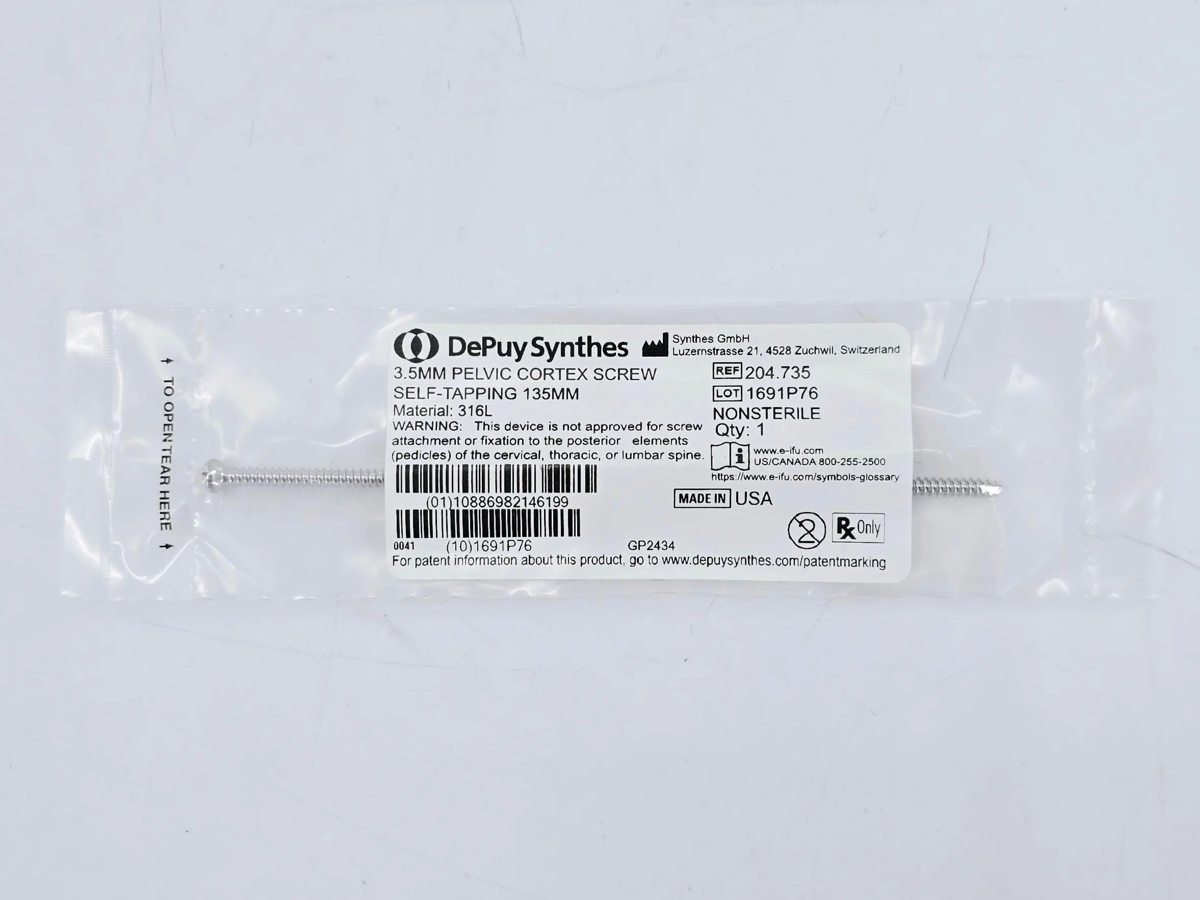 Synthes 204.735 3.5mm Pelvic Cortex Screw Self-Tapping 135mm - Image 2