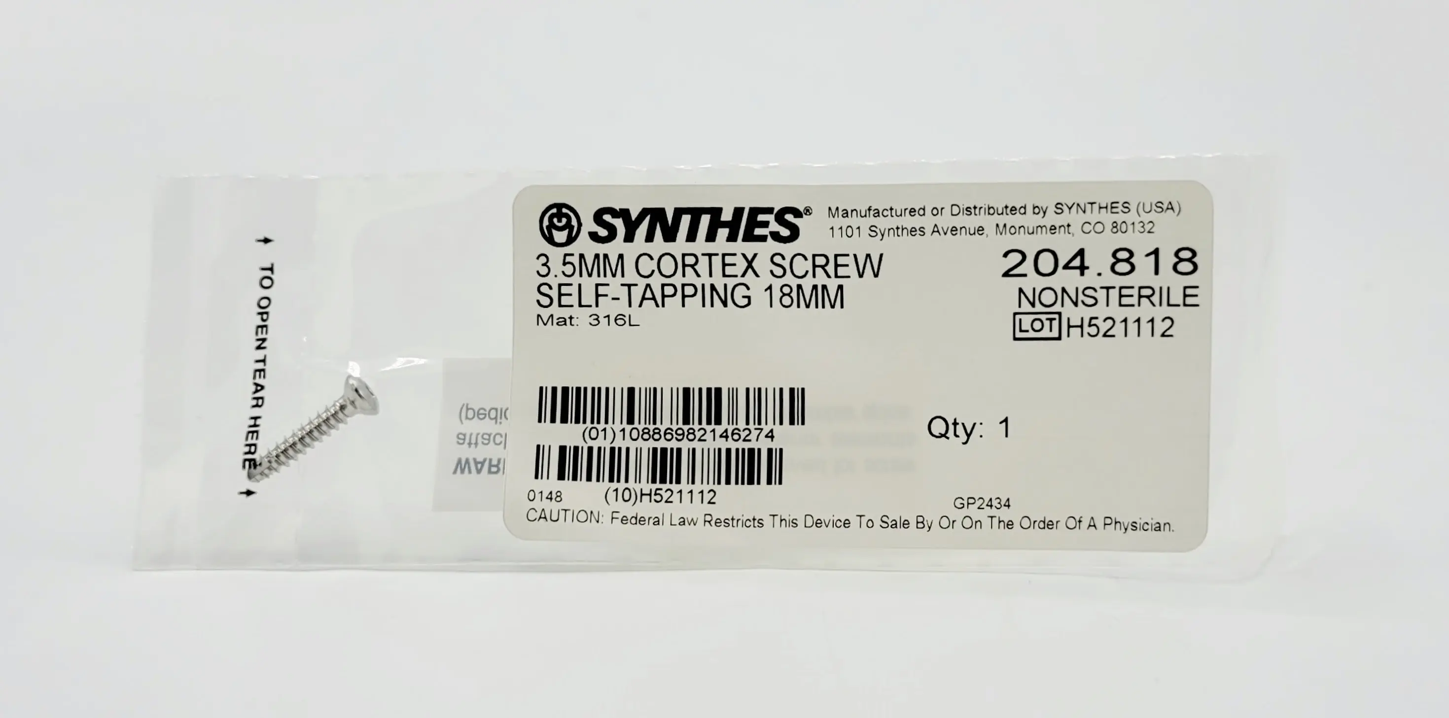 Synthes  204.818 3.5MM Cortex Screw Self Tapping 18MM - Image 2