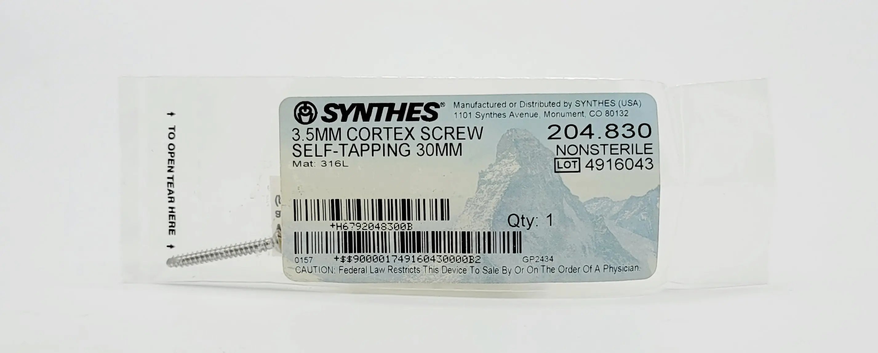 Synthes 204.830 3.5mm Cortex Screw Self-Tapping 30mm Orthopedic Hardware - Image 2