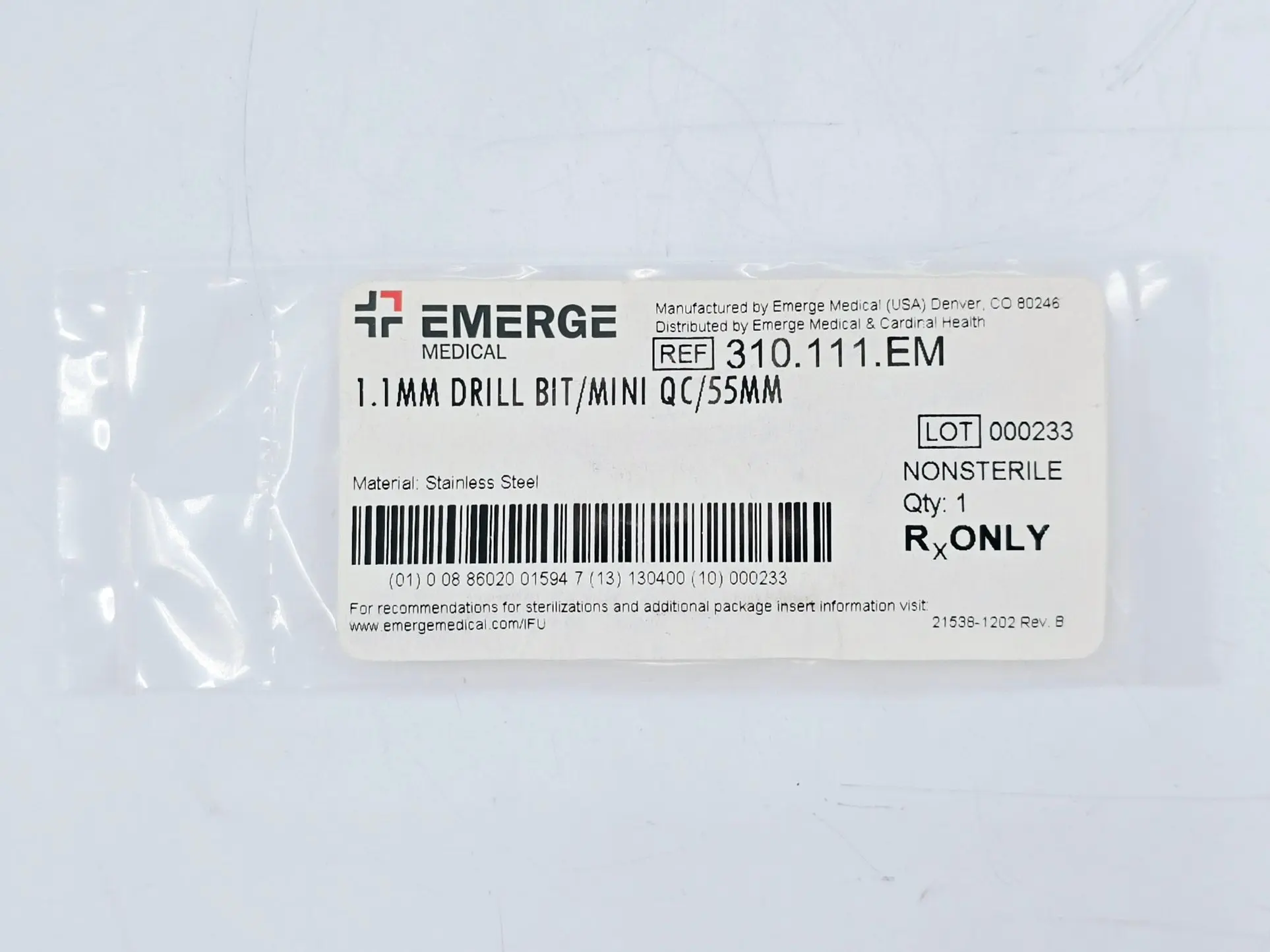 Emerge Medical 310.111.EM 1.1mm Drill Bit/Mini QC/55mm - Image 2