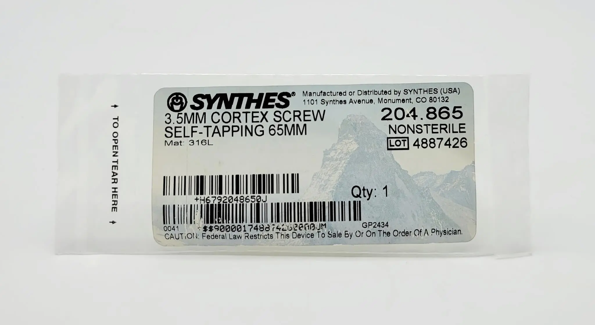 Synthes 204.865 3.5mm Cortex Screw Self-Tapping 65mm - Image 2