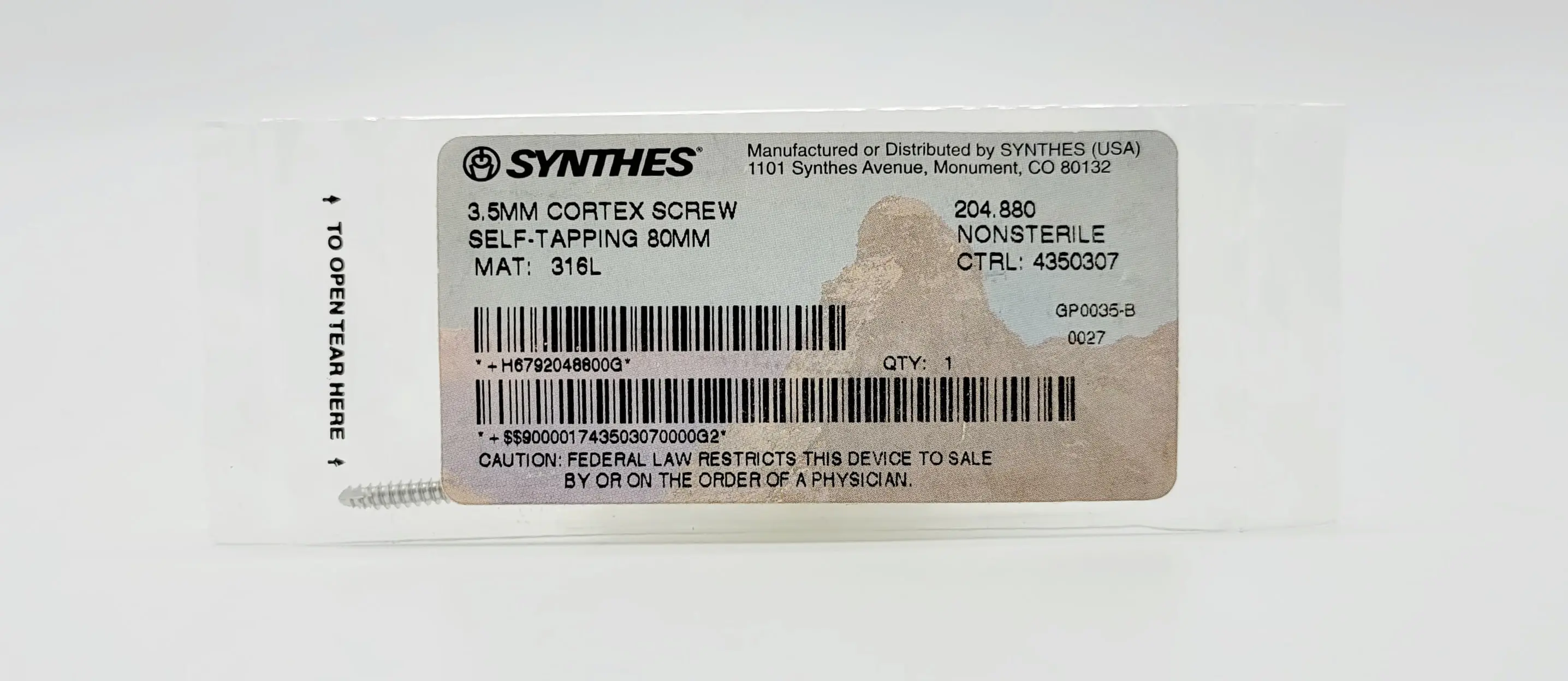 Synthes 204.880 3.5mm Cortex Screw Self-Tapping 80mm Orthopedic Hardware - Image 2