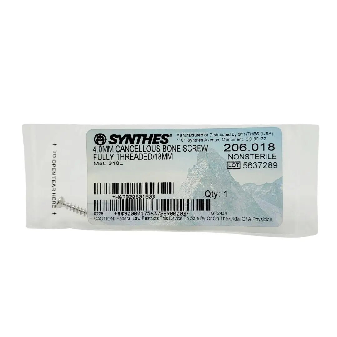 Synthes 206.018 4.0mm Cancellous Bone Screw Fully Threaded 18mm