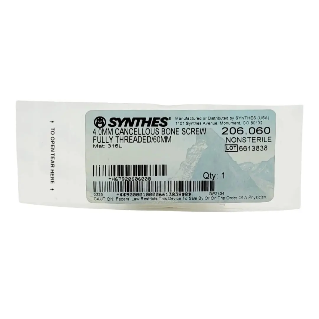 Synthes 206.060 4.0MM Cancellous Bone Screw Fully Threaded 60mm